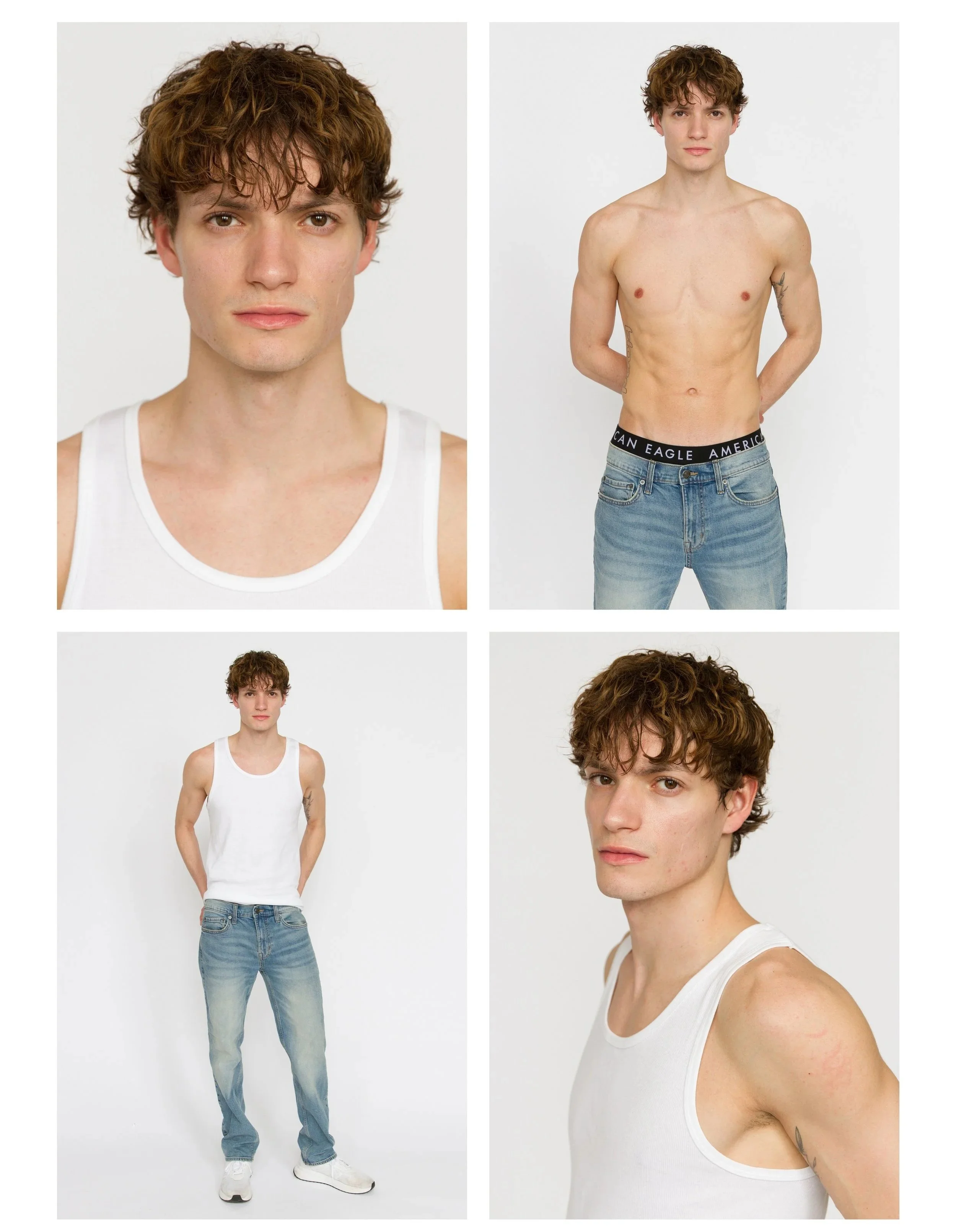 Series of four photos of a young man with curly brown hair, fair skin, and tattoos. In the top left photo, he wears a white tank top and looks directly at the camera. In the top right photo, he is shirtless, wearing jeans with hands behind his back, 