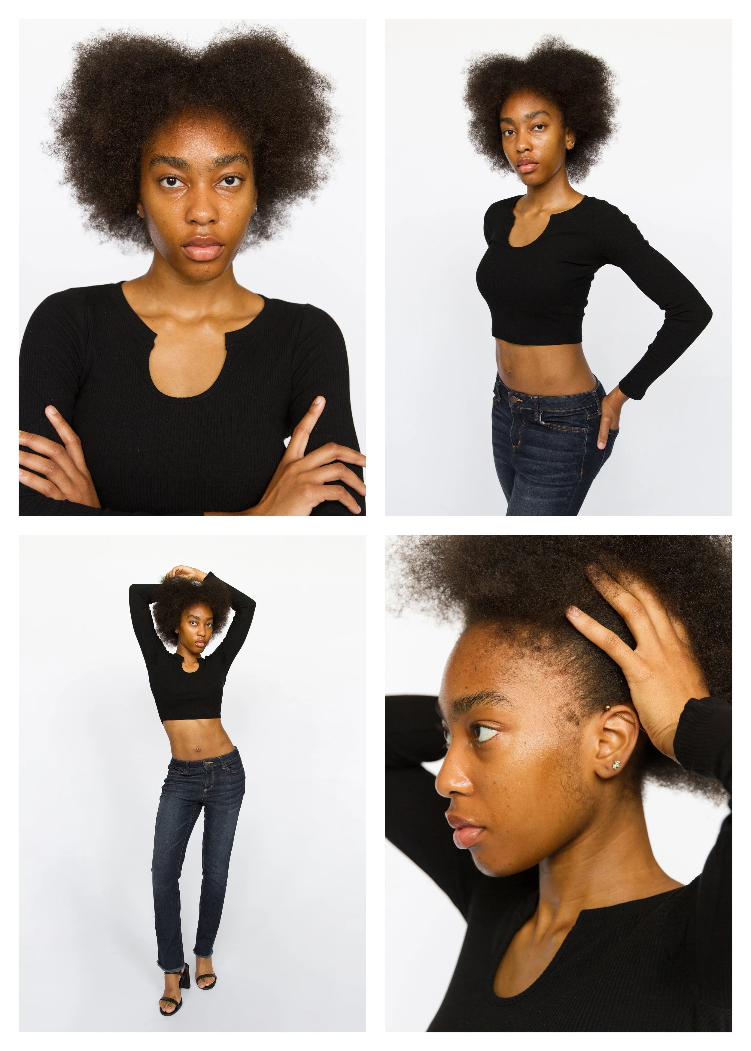 Collage of four photos of a young African American woman with natural curly hair, wearing black long-sleeve and crop tops paired with dark jeans, posing against a plain white background.