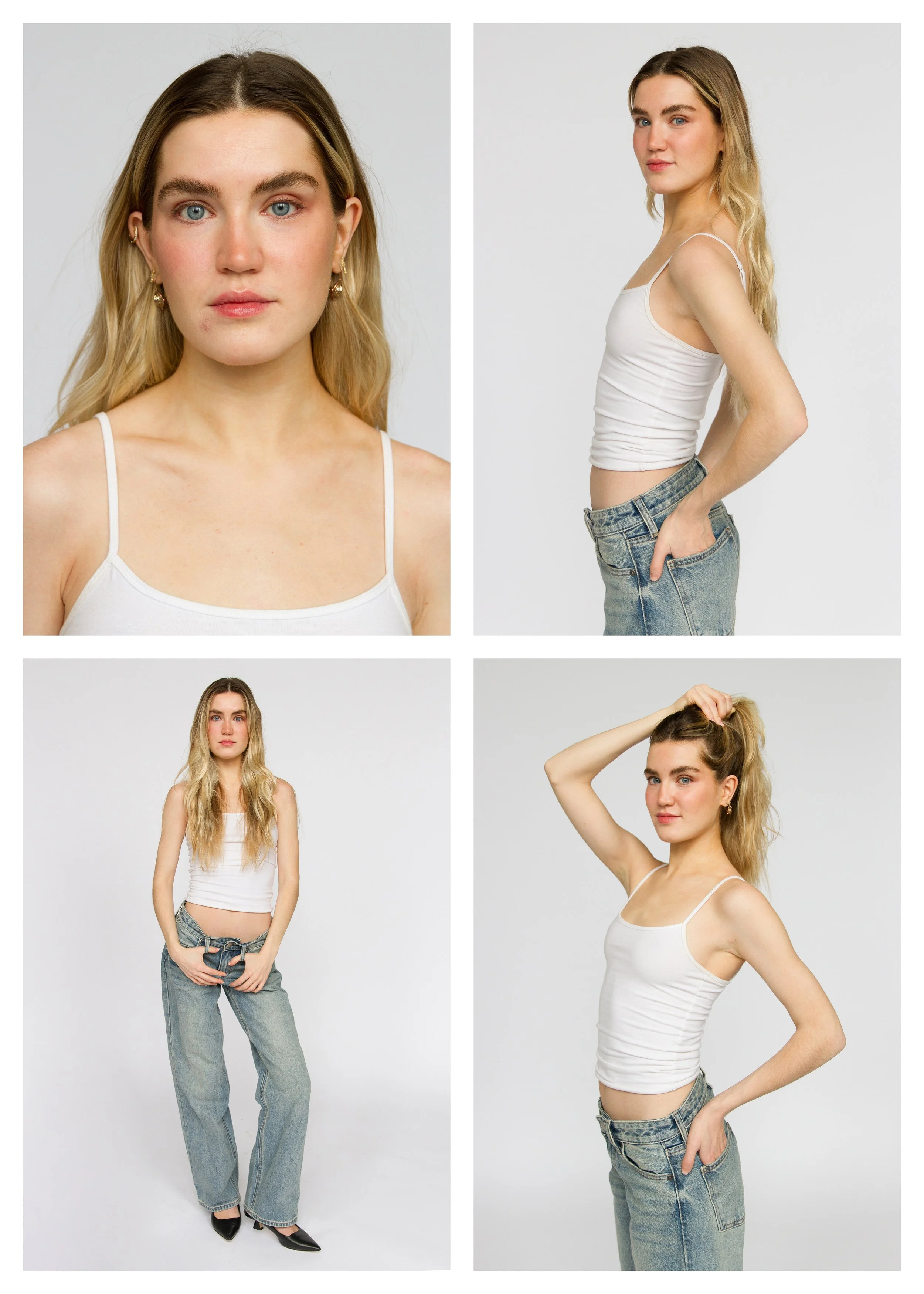 Series of four photos of a young woman with long blonde hair, wearing a white tank top and blue jeans, in different poses against a plain white background.