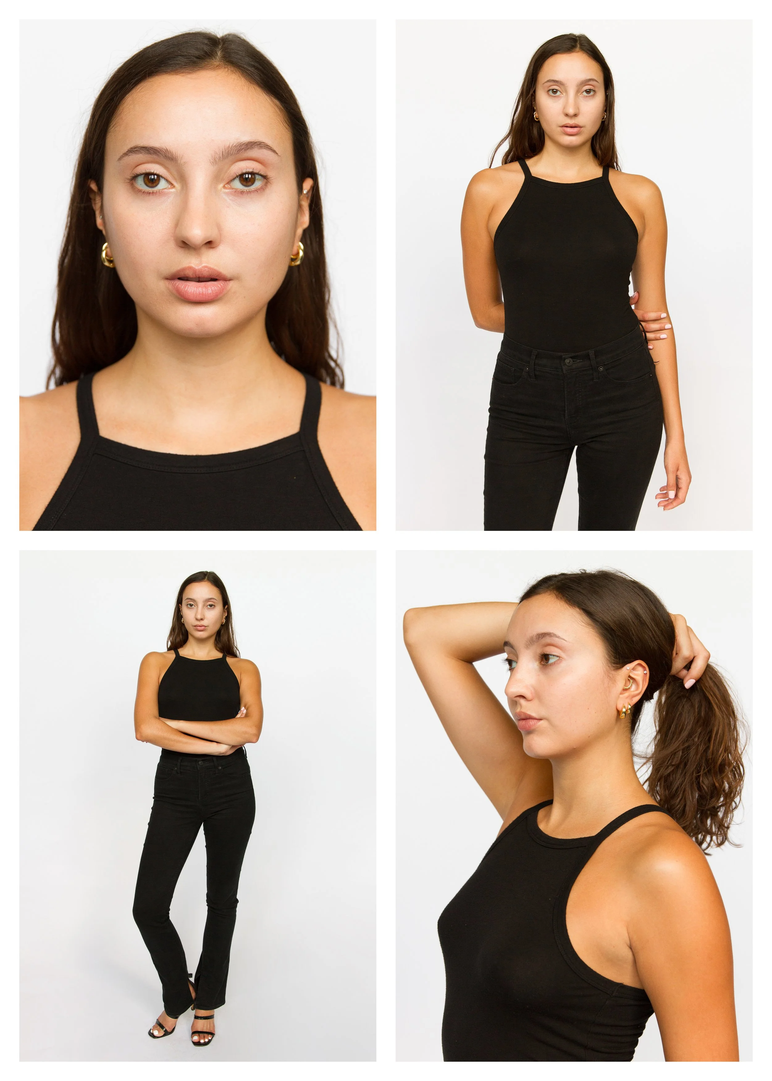 A young woman with long wavy brown hair, wearing a black tank top and black jeans, is shown in four different poses against a white background. The images include a close-up portrait, a front view with arms crossed, a full-body pose, and a side profi