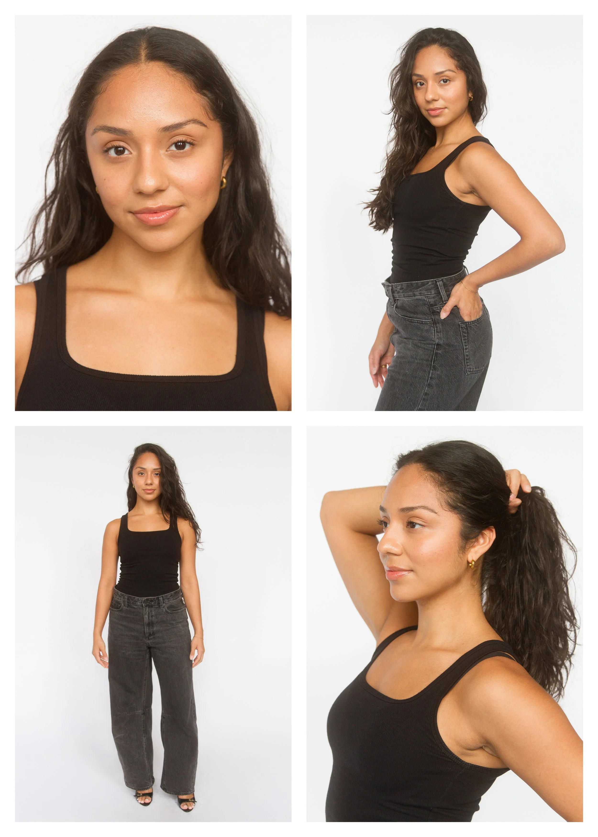 A collage of four photos of a young woman with long, curly dark hair, wearing a black tank top and gray jeans. She poses in different angles against a plain white background, displaying a relaxed and confident demeanor.