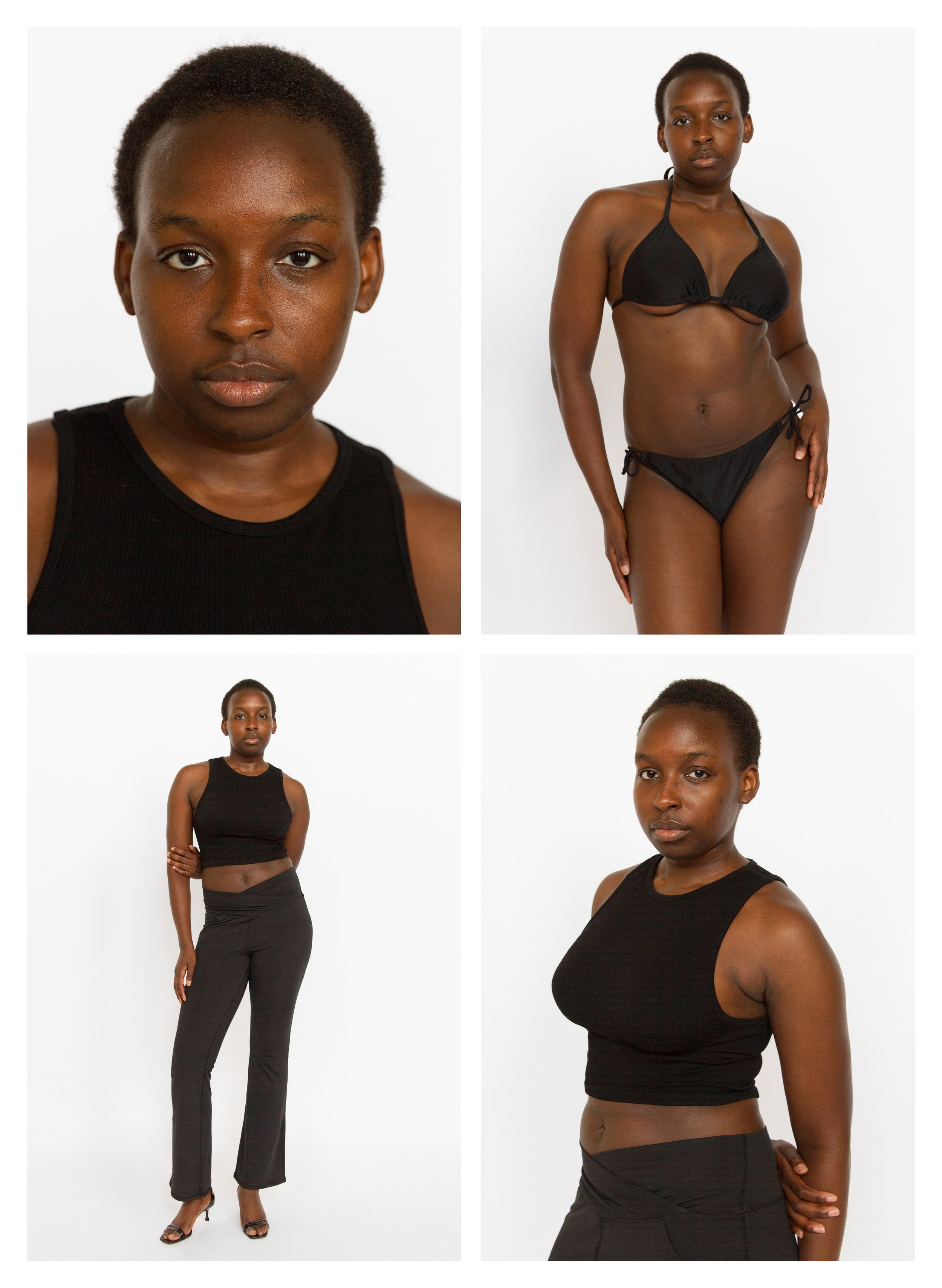 A collage of four photographs of a young Black woman with short natural hair, wearing different black outfits against a white background. The top left image is a close-up of her face and shoulders. The top right image shows her in a black bikini with