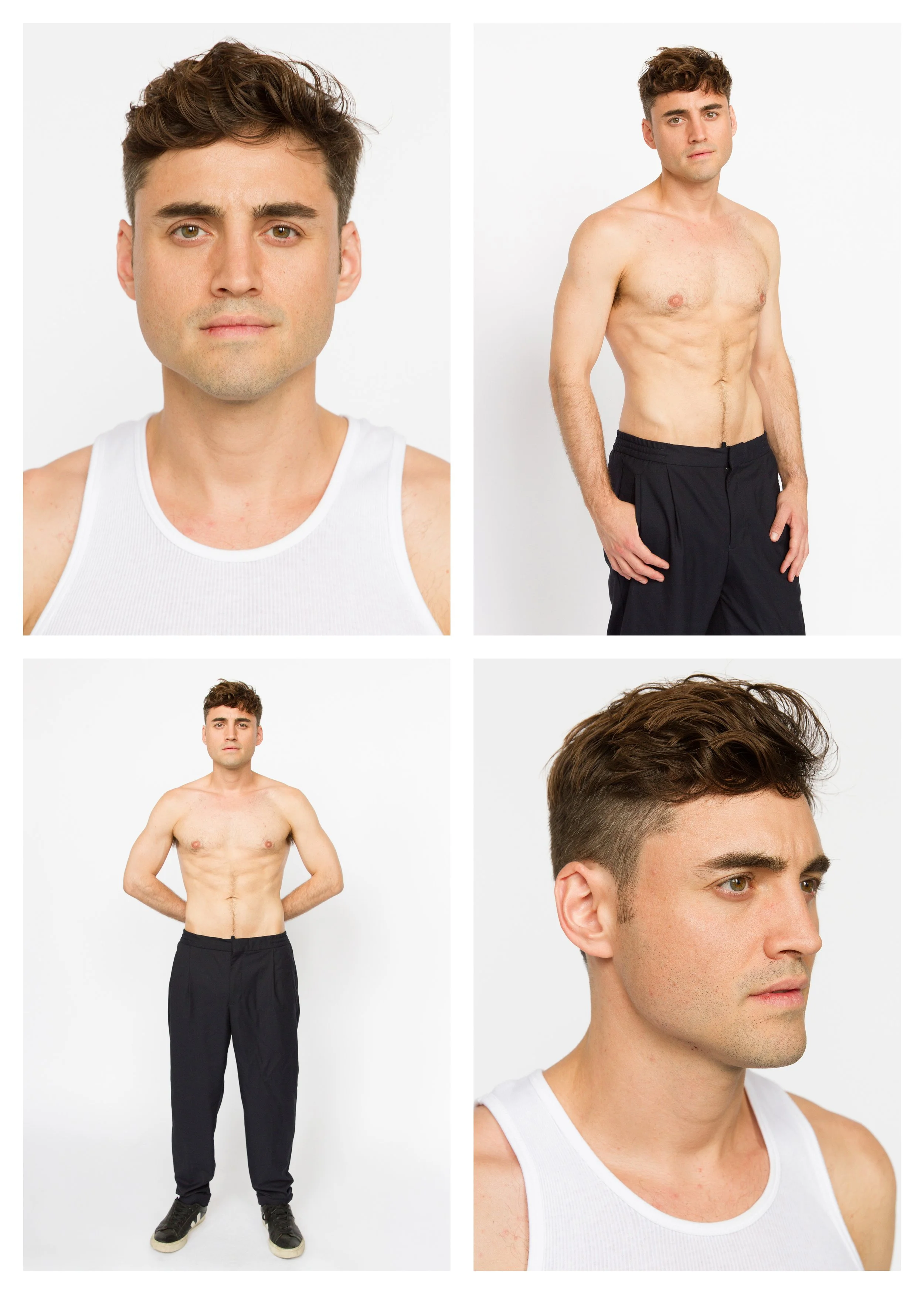 Composite of four photos of a young man with short, curly brown hair, light skin, and a serious expression. The top left photo shows him from the shoulders up wearing a white sleeveless shirt. The top right photo shows him shirtless, standing with hi