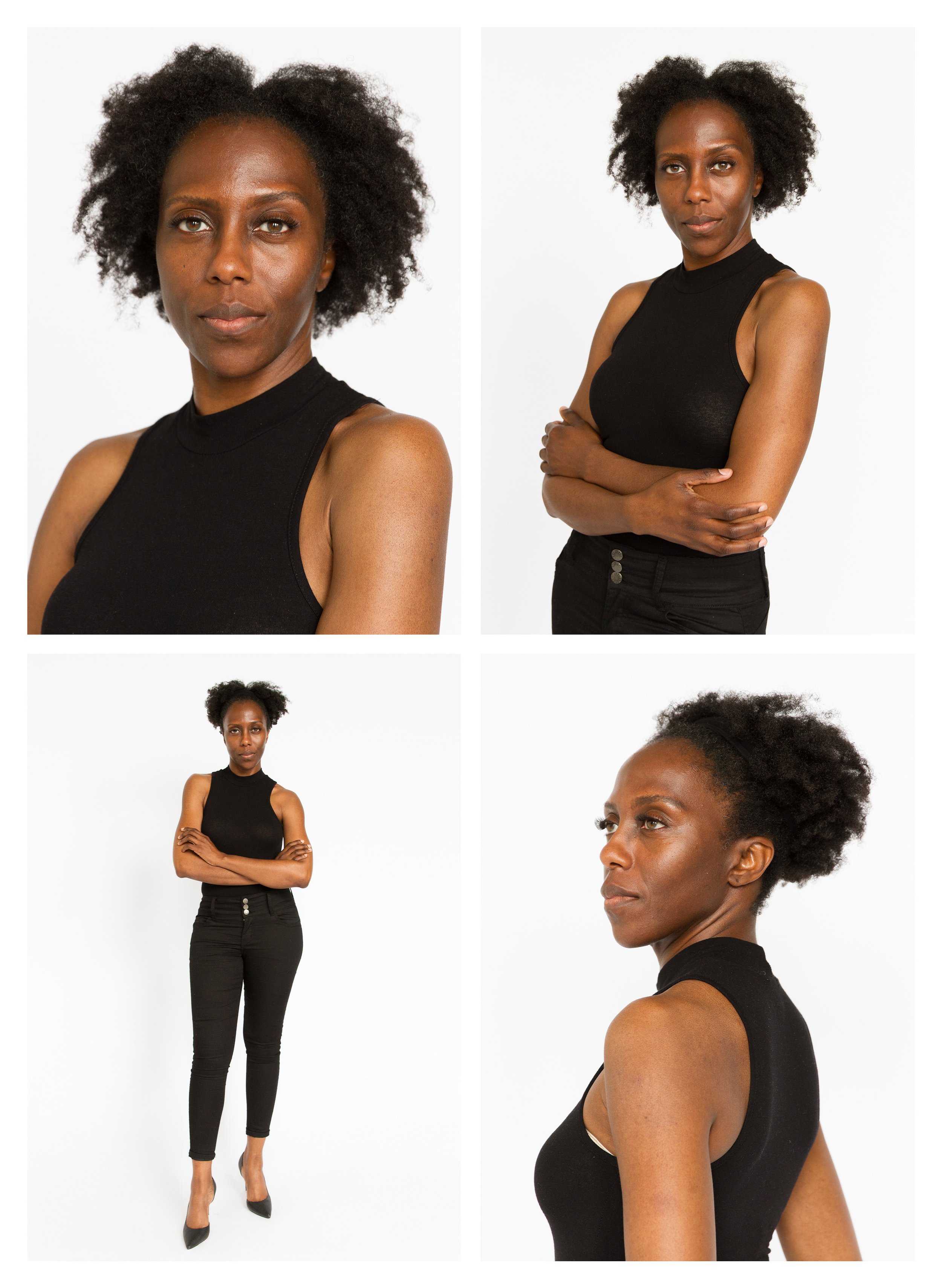 A woman with natural curly hair wearing a sleeveless black top and black pants, shown in four different poses against a white background.