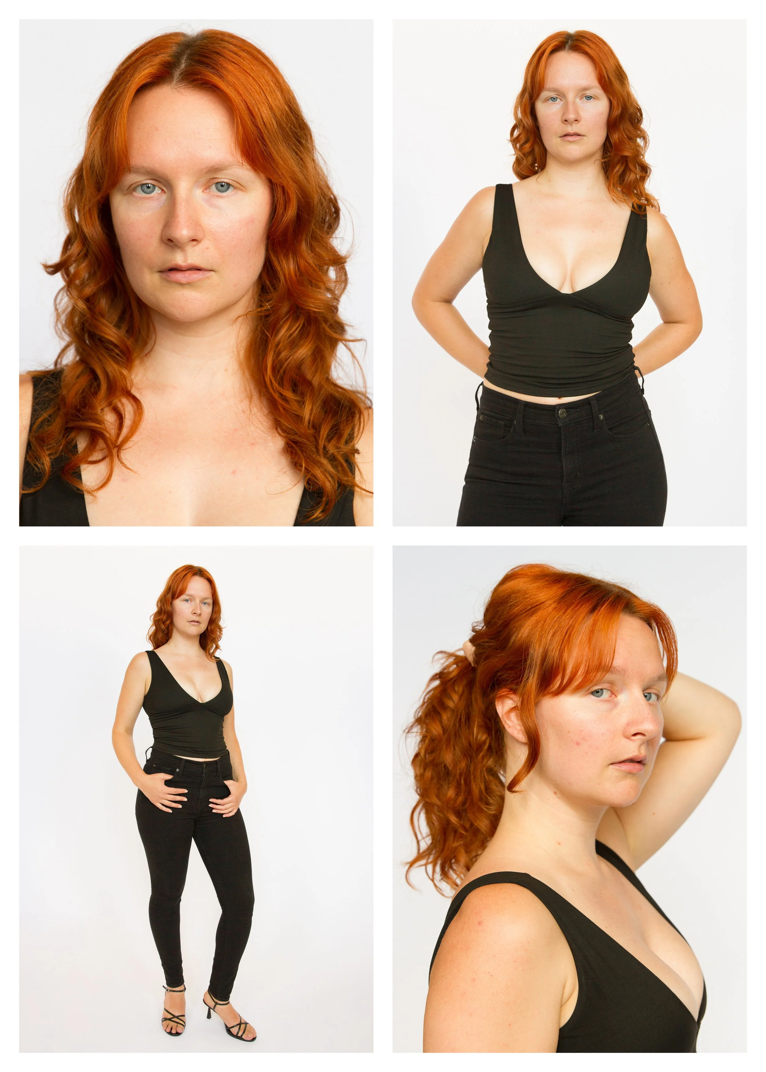 Collage of four photos of a red-haired woman with curly hair, wearing a black sleeveless top and black pants, posing against a white background. The images include close-up and full-body shots from different angles.