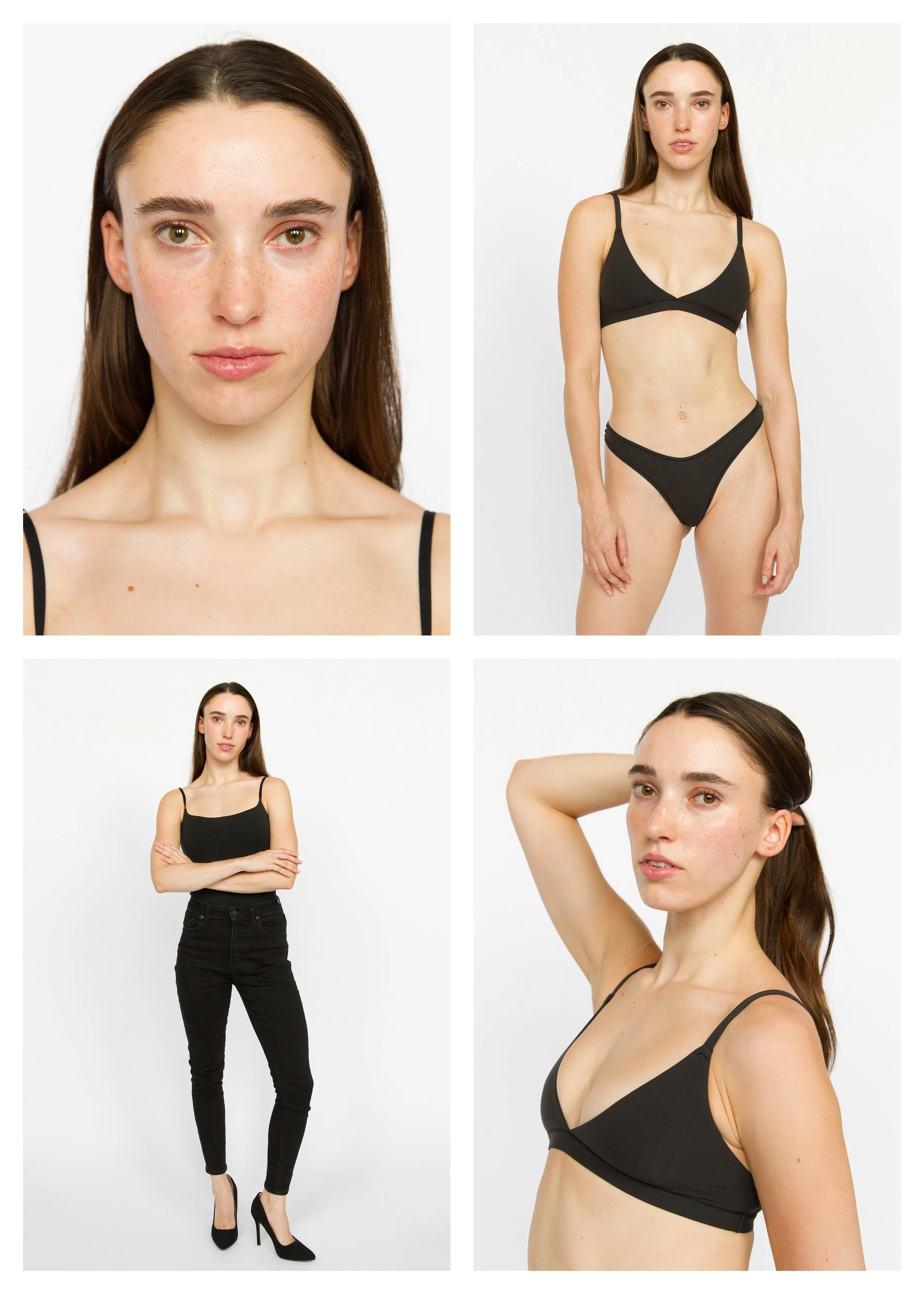 Collage of four photos of a young woman with long brown hair, fair skin, and freckles, wearing a black camisole and black jeans, in different poses. The background is white.