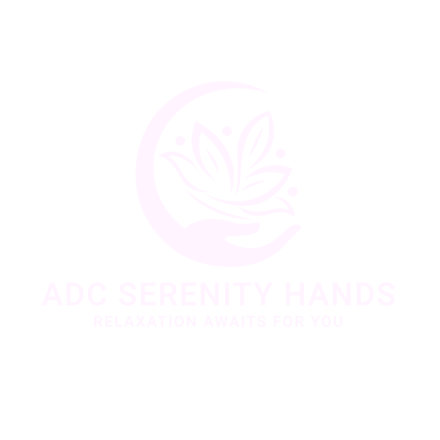 A logo for ADC Serenity Hands featuring a stylized hand holding a lotus flower, with a crescent moon to the side, and the text 'ADC Serenity Hands' and the slogan 'Relaxation awaits for you' below.