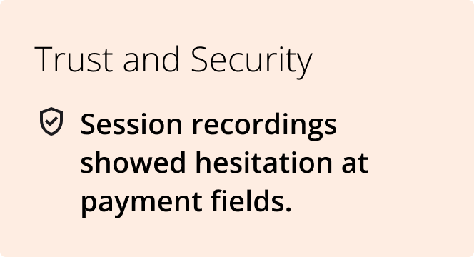 trust and security: session recording showed hesitation at payment fields