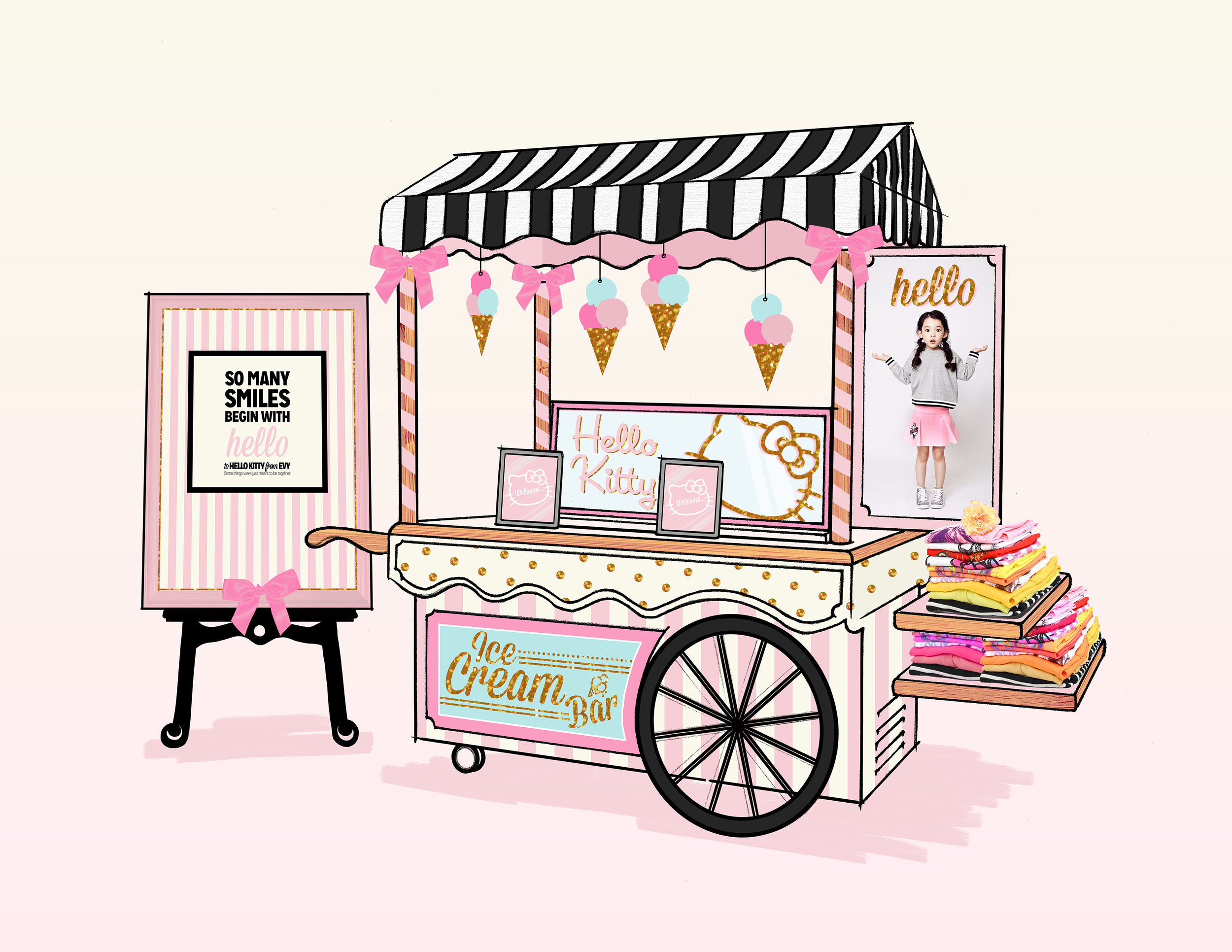 Merchandise Cart concept with iPad access, to search product and novelty Hello Kitty information.