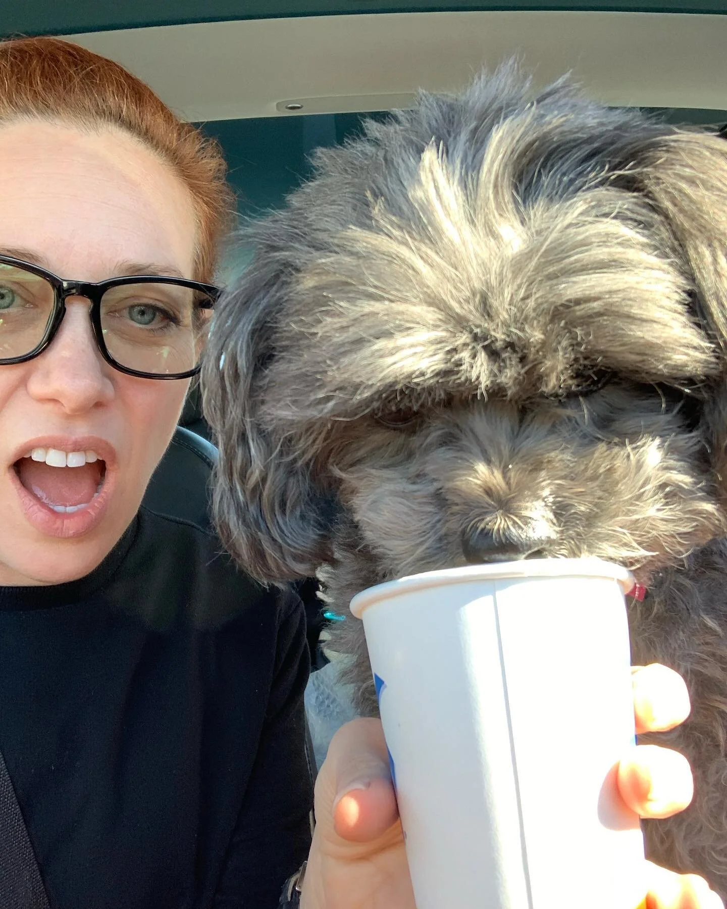 Our small muffin baby trying her 1st pup cup -&gt; immediately after