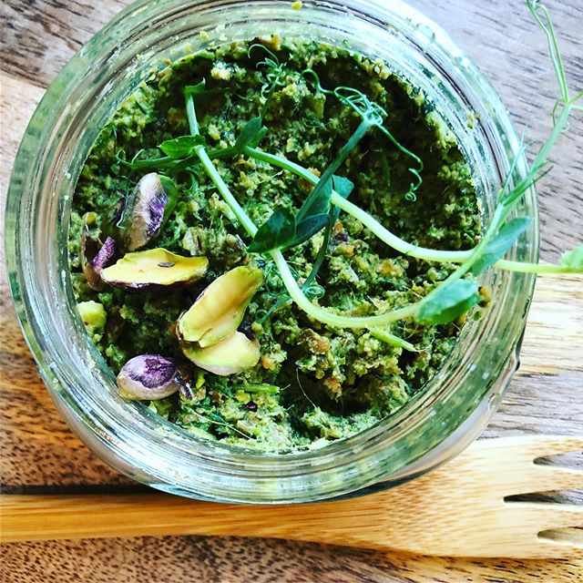 Pea Shoot Pesto 🌱
. @sweetcitymicros .
______________________
Dairy Free.Easy.Pesto.
______________________
▶️1/2 Cup of Nut of choice (I chose dry roasted Pistachios)
▶️ 1-2 Cups Pea Shoot Sprouts/Greens of choice
▶️1 Small Garlic Clove
▶️1 Lemon ?