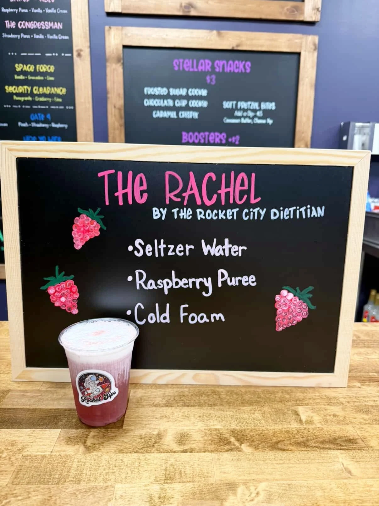 🎉 Introducing&hellip;..

✨THE RACHEL ✨
@rocketcitydietitian creation of a feel good and less sugar version of a dirty soda ✨🥤 Light &amp; Refreshing while still feeling like a treat! 😋

Seltzer Base
Raspberry Pur&eacute;e
Cold Foam 

Available for