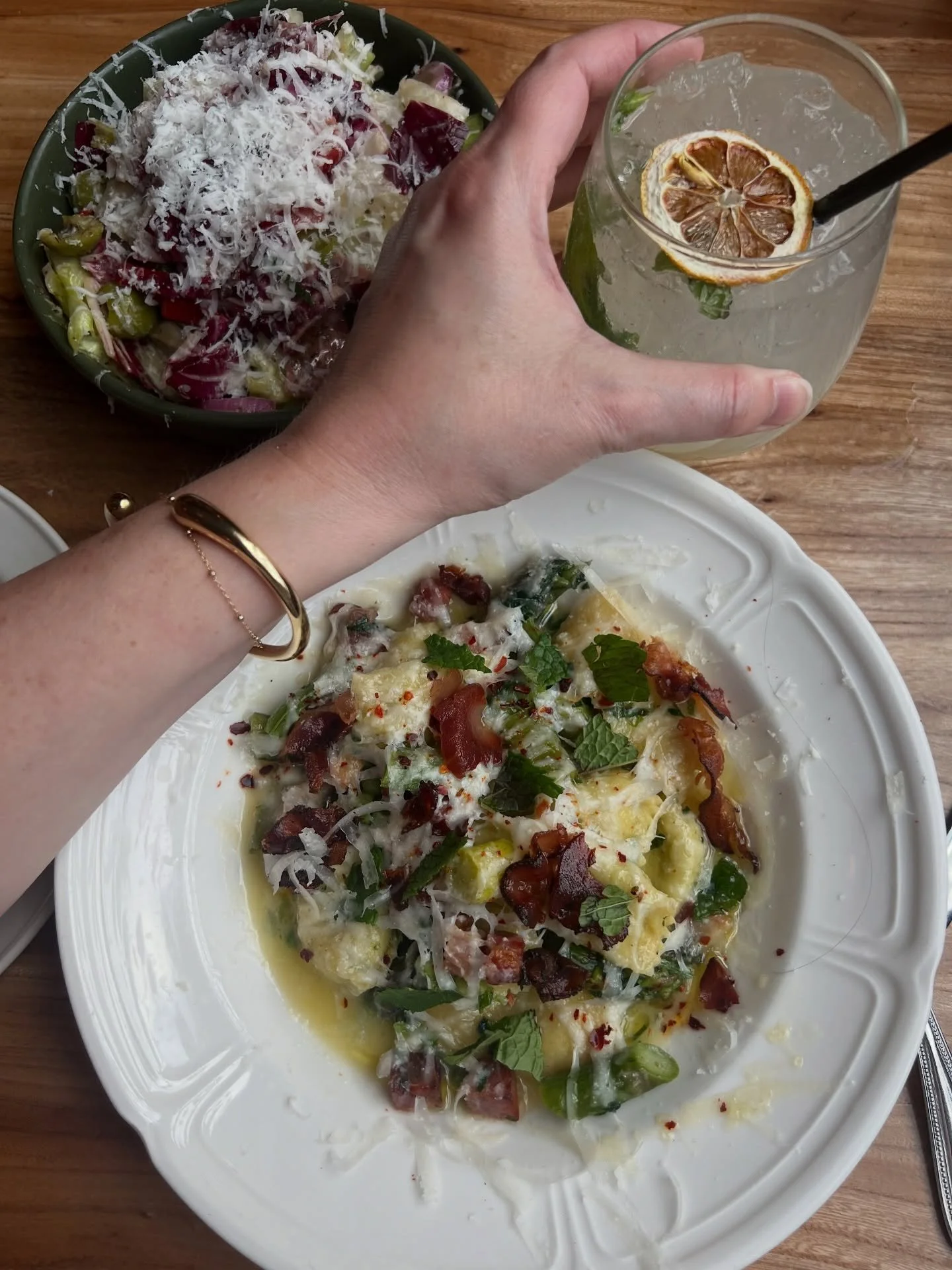 Dinner Date with my daughter in BIRMINGHAM, Alabama ✨

SALICE 🍝 
@eat_salice 

We found the most adorable date night/girls night spot the other day and had a perfect cozy summer meal ☀️ 

Agnolotti 🌱 
spring peas, ricotta,spring peas, ricotta, aspa