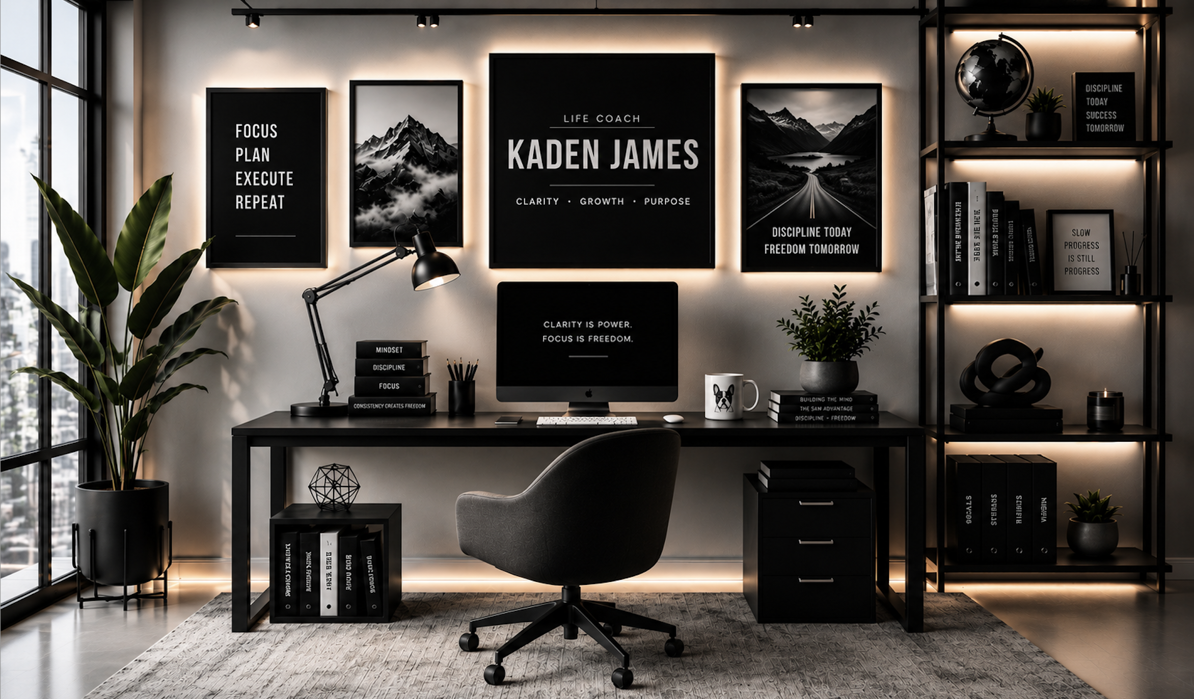 A clean office setup with a french bulldog mug and Kaden James coaching poster with the words- clarity, growth, and purpose. Then other quotepics about discipline and focus.