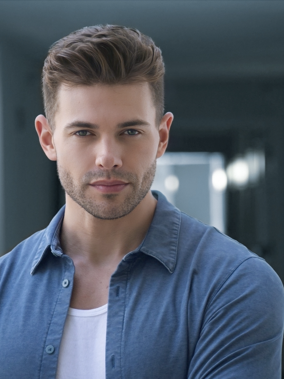 Kaden James in a blue button down shirt shot by celebrity fashion photographer Gerry Garcia