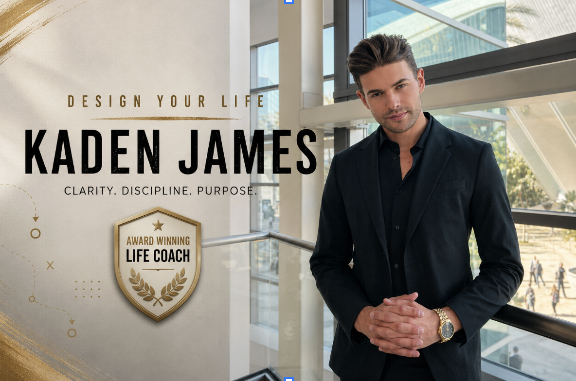 A banner pic with the words "Design Your Life" "Clarity. Discipline. Purpose. With Award Winning Life Coach Kaden James. Then to the right side of the text kaden is in a green sport coat with a Citizen watch timepiece with his hands clasped together