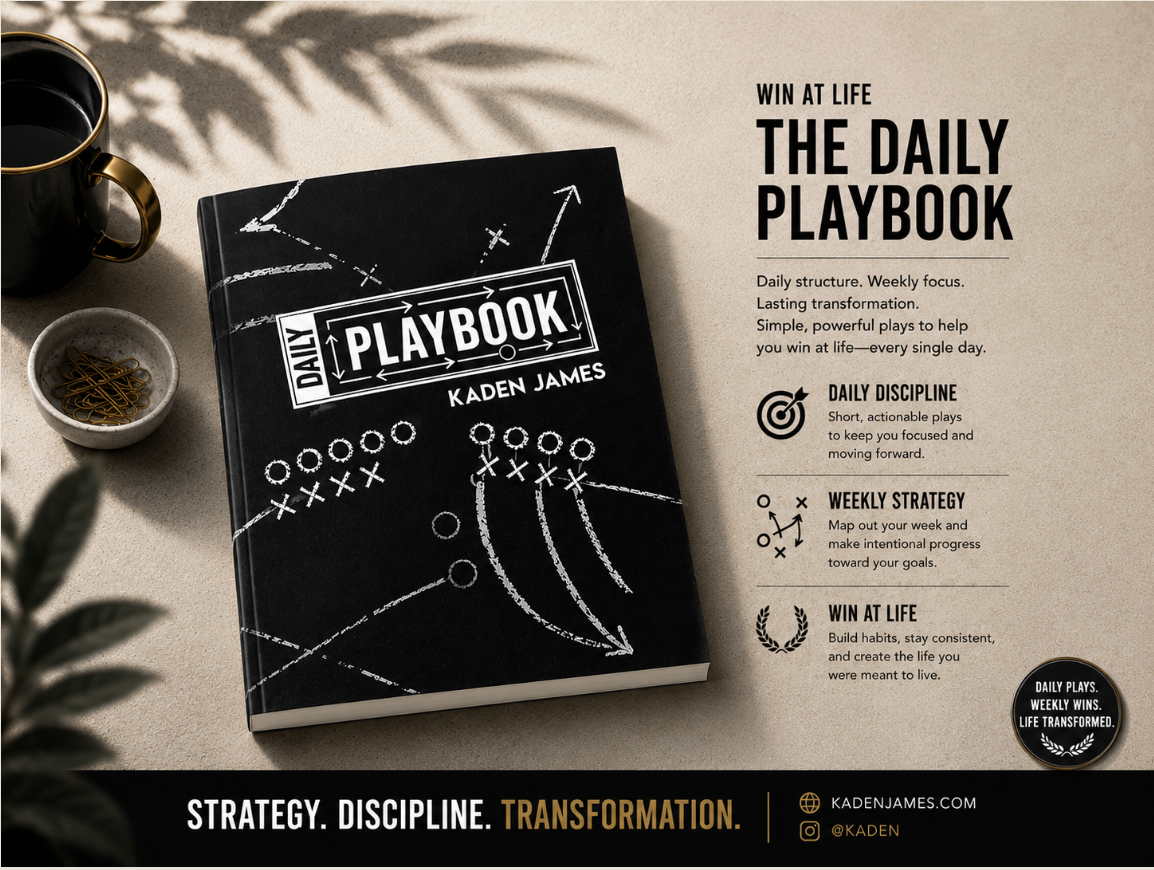 The Daily Playbook by Kaden James, a productivity and personal transformation planner on a desk with coffee, designed for daily discipline, weekly strategy, and goal setting.