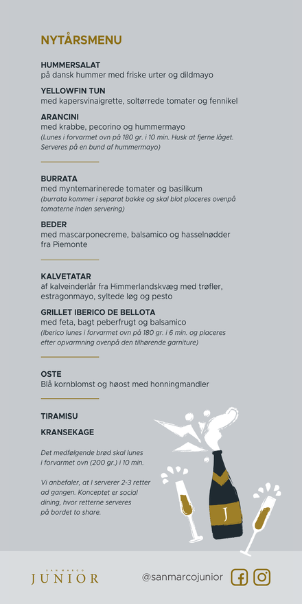 Nytårsmenu 2026 fra Restaurant San Marco JUNIOR på Frederiksberg