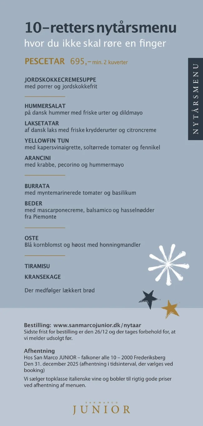 10 retters nytårs pescetar menu fra San Marco JUNIOR på Frederiksberg