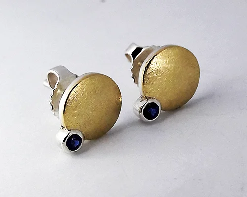 Sapphire, 18ct Yellow Gold, Sterling Silver Stud Earrings