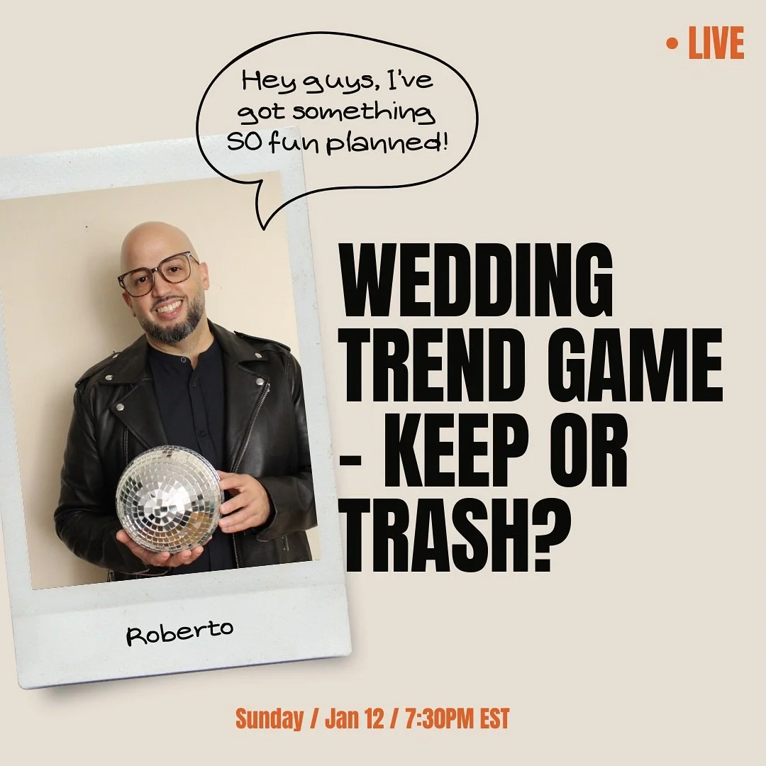 ✨WEDDING TREND GAME: KEEP OR TRASH? ✨

I&rsquo;m going LIVE this TODAY Sunday, Jan 12th at 7:30PM for a fun and interactive game where YOU get to vote on the latest wedding trends!🤩

I&rsquo;ll be showing some popular (and some questionable) wedding