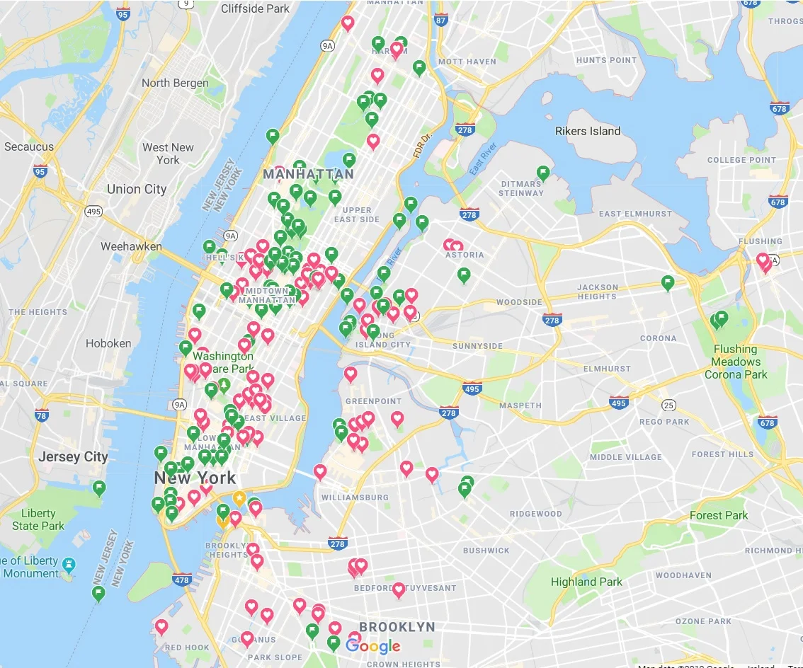 Google map view of all the markers we made for the trip to New York