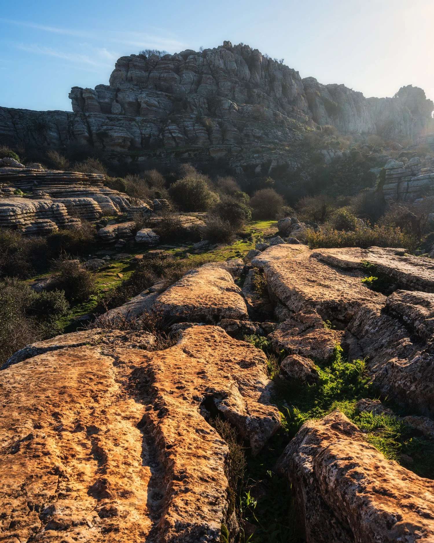 Limestone landscape in golden sunlight — leading lines