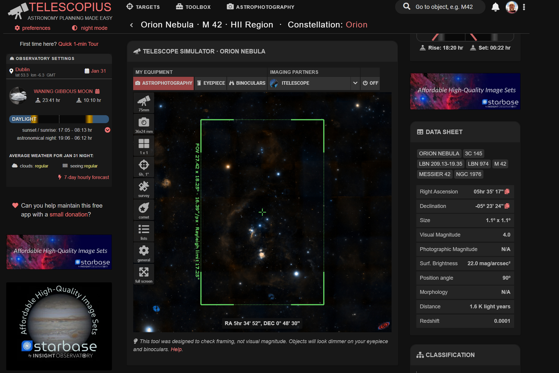 Telescopius screenshot showing Orion framing
