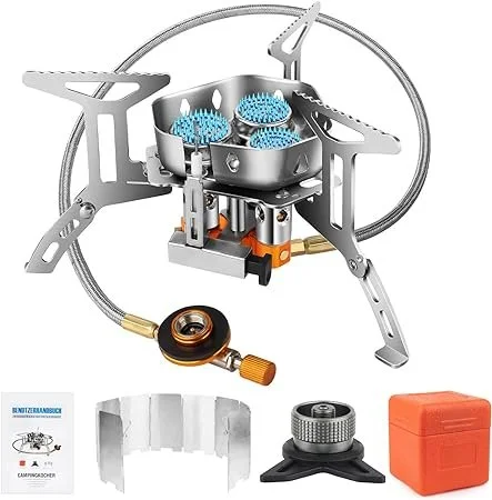 Camping Stove 6800 W Camping Gas Stove with Piezo Ignition for All Screw Cartridge Gas Burners, Windproof Foldable Camping Stove with 9 Sheets Aluminium Wind Protection, Connections, Stand for Outdoor