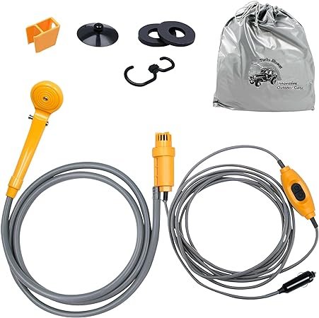 PEILU 12V camping shower dog shower with submersible pump, 2m hose, hand shower, 5m car plug &amp; waterproof carrying bag outdoor showers with hanging sleeve for camping garden car motorhome caravan