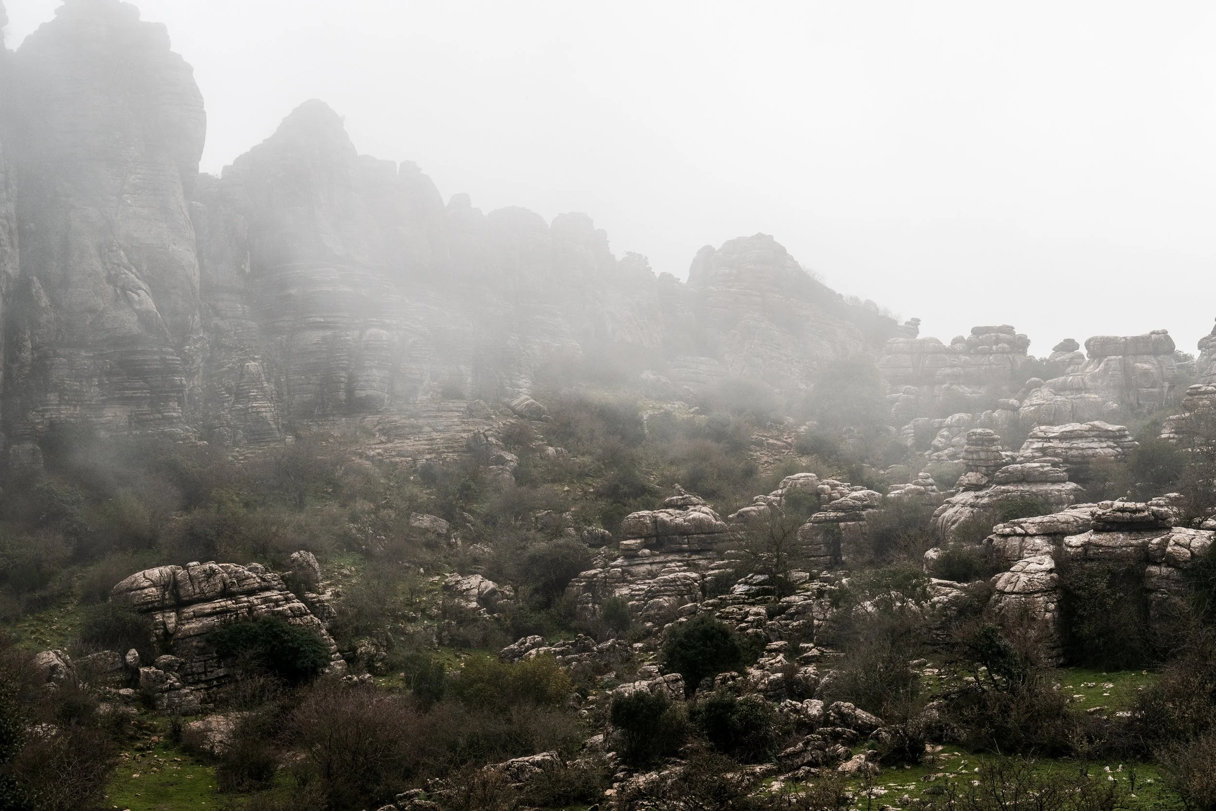 Foggy morning at El Torcal reveals rocky landscape