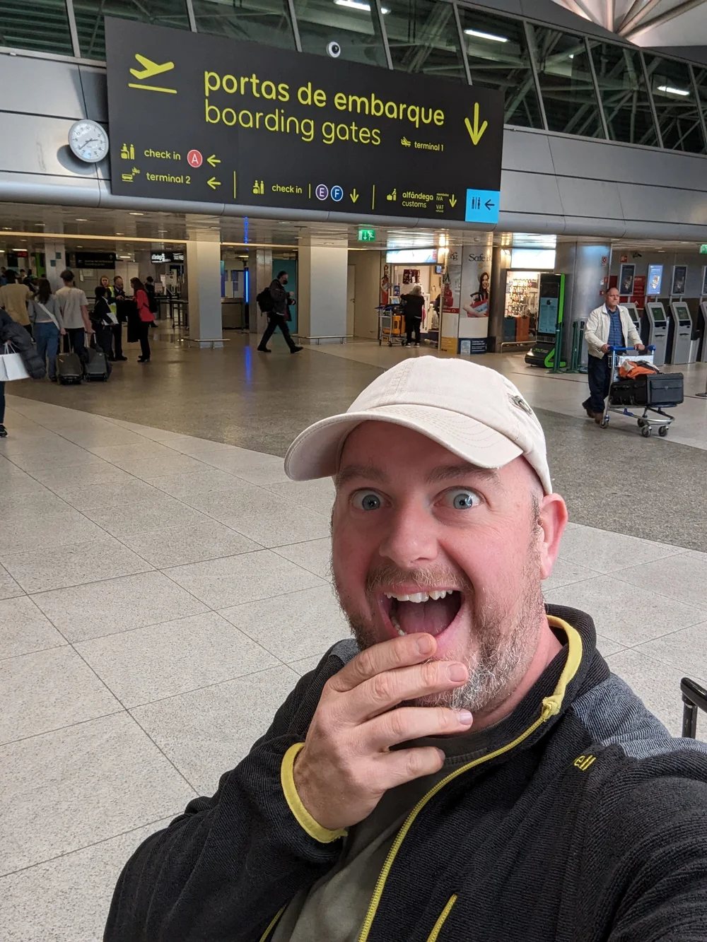 Neil Arthurs checking in for flight