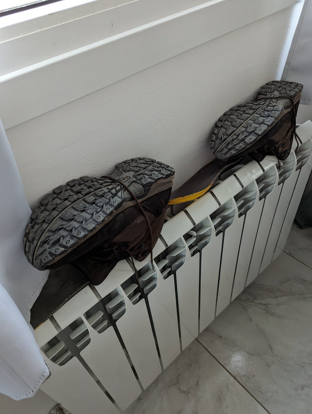 Drying boots for a hike
