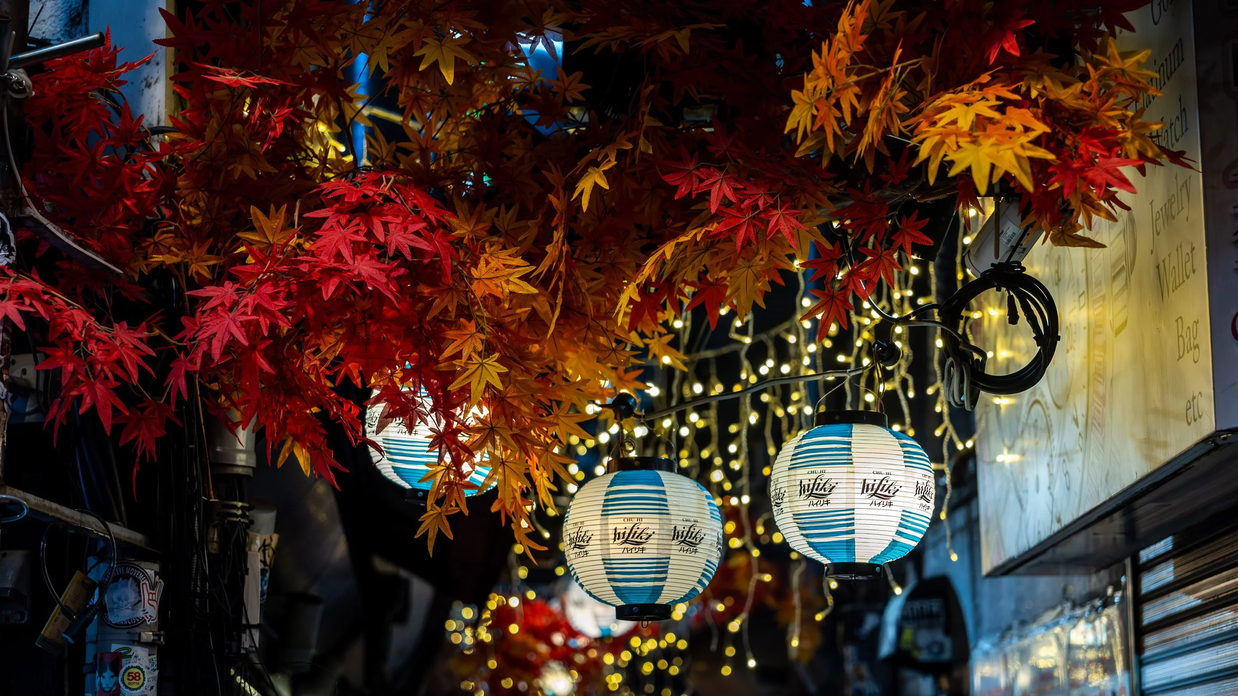 Night scene of a street decorated with red and yellow autumn leaves, hanging lanterns, and string lights.