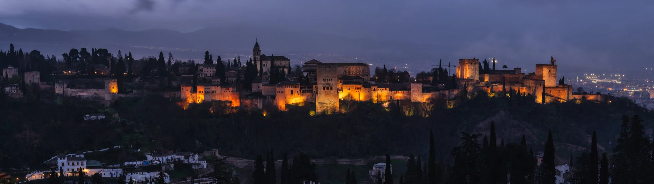 Blue hour panoramic of the Alhambra in Granada