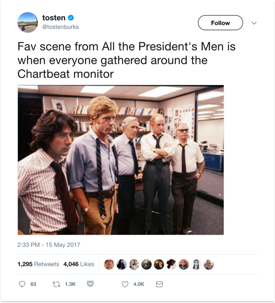 This industry inside-joke shows the market reach and power of Chartbeat as brand, as well as its synonymous link to real-time as a passive understanding of data. Internally, we call this symptom "the dial-on-the-wall" syndrome.