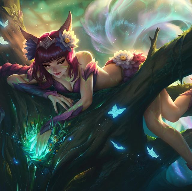 Elderwood Ahri - Was fun painting this type of lighting and environment. Really not in my usual wheelhouse, but hope it turned out ok! 🐱🌱🦋(Can you spot Elderwood Hecarim?) #elderwoodahri #ahri #elderwoodhecarim #hecarim #elderwood #leagueoflegends