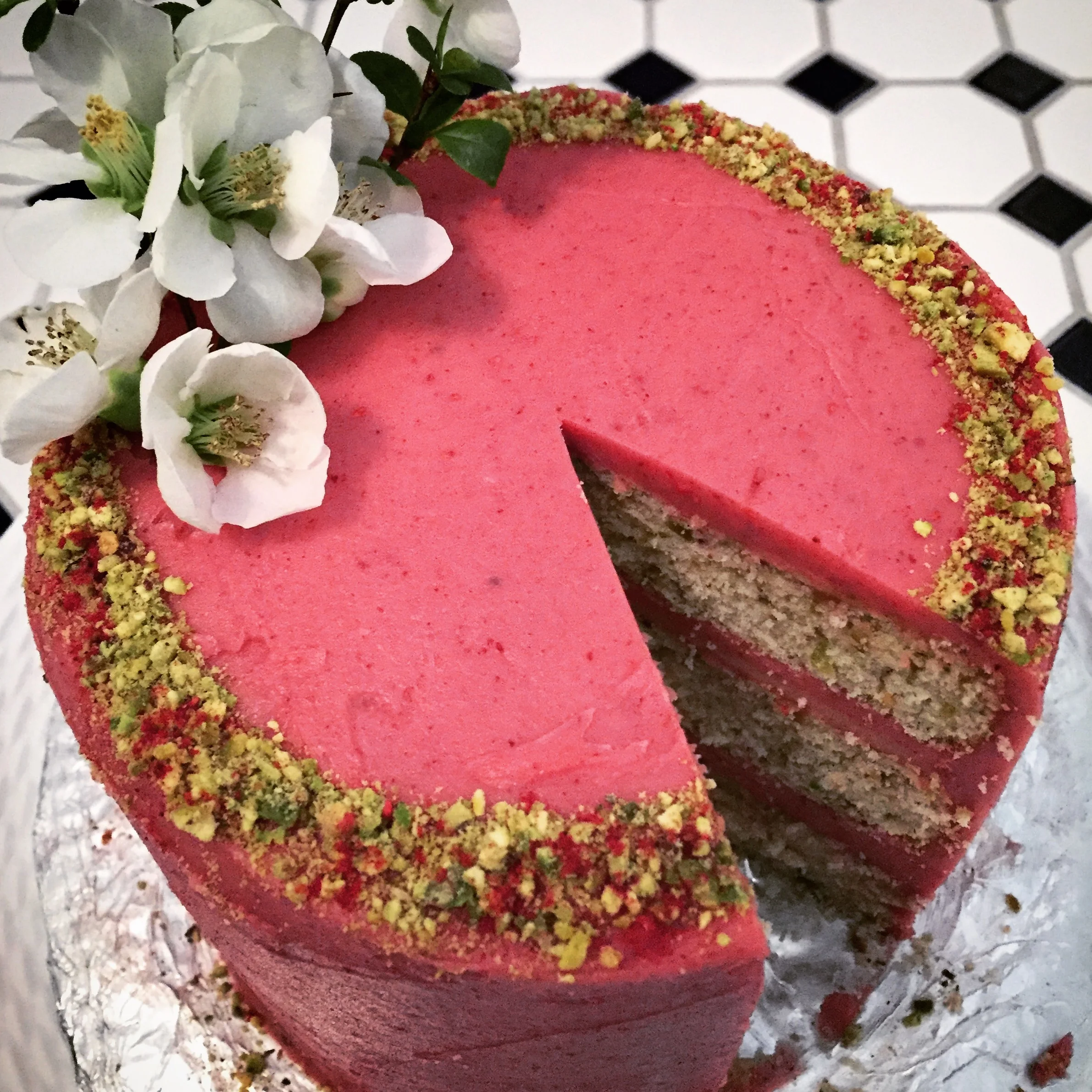 Pistachio Almond Cake with Raspberry Rose Buttercream