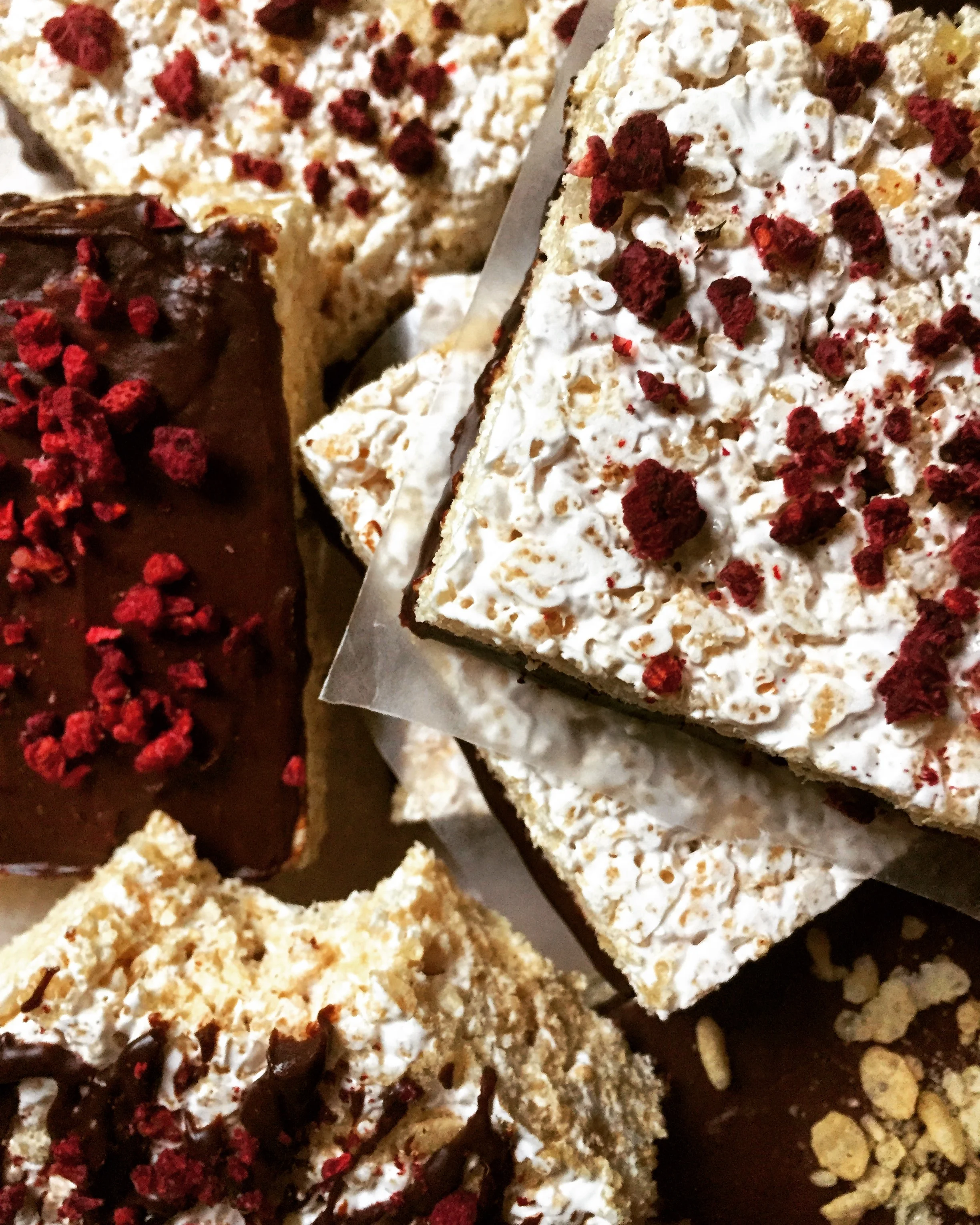 Rice Krispie Treats with Chocolate Ganache and Dried Raspberries