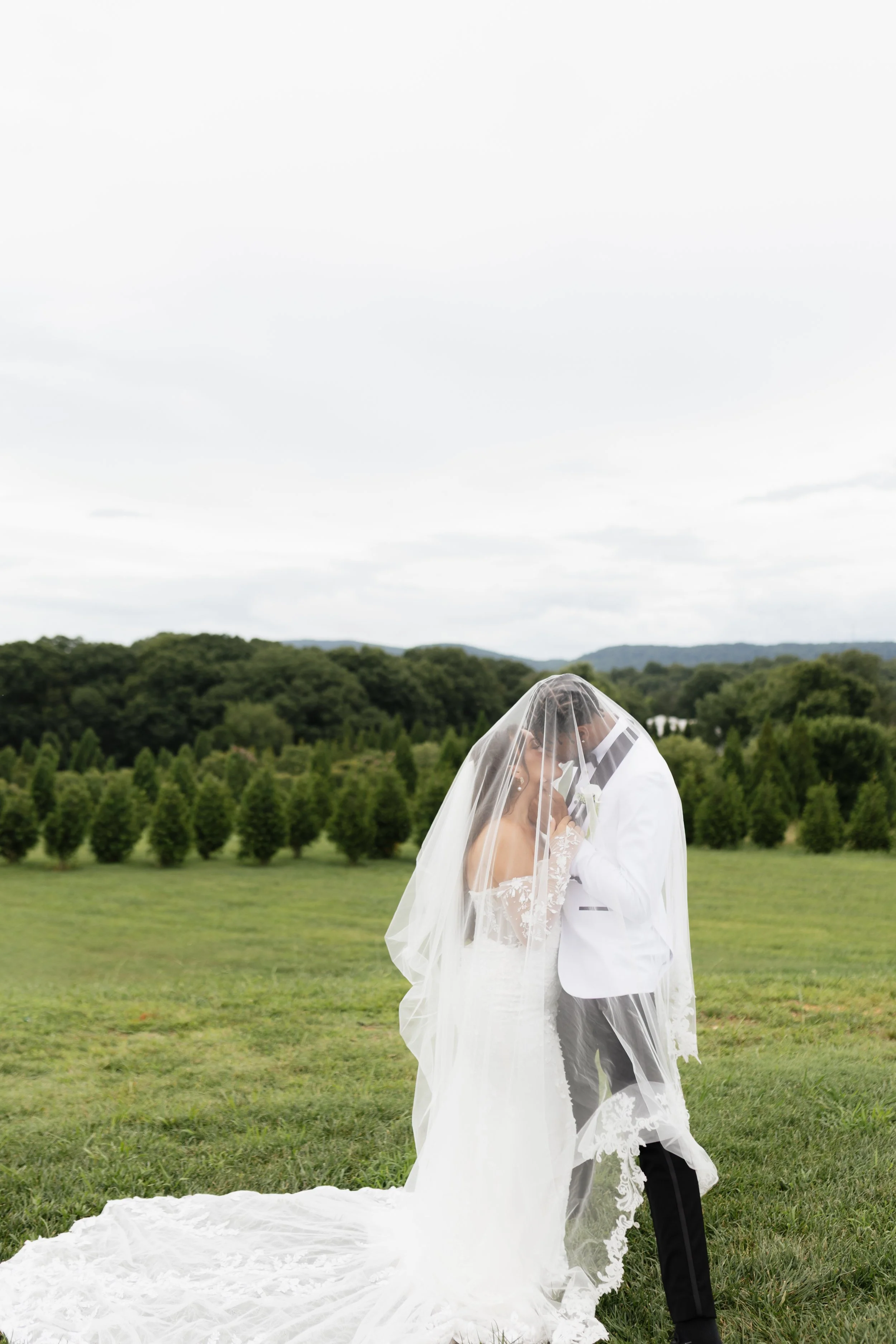 A bride and groom are standing close together outdoors in a grassy field with a backdrop of trees and hills, sharing a kiss under a veil.