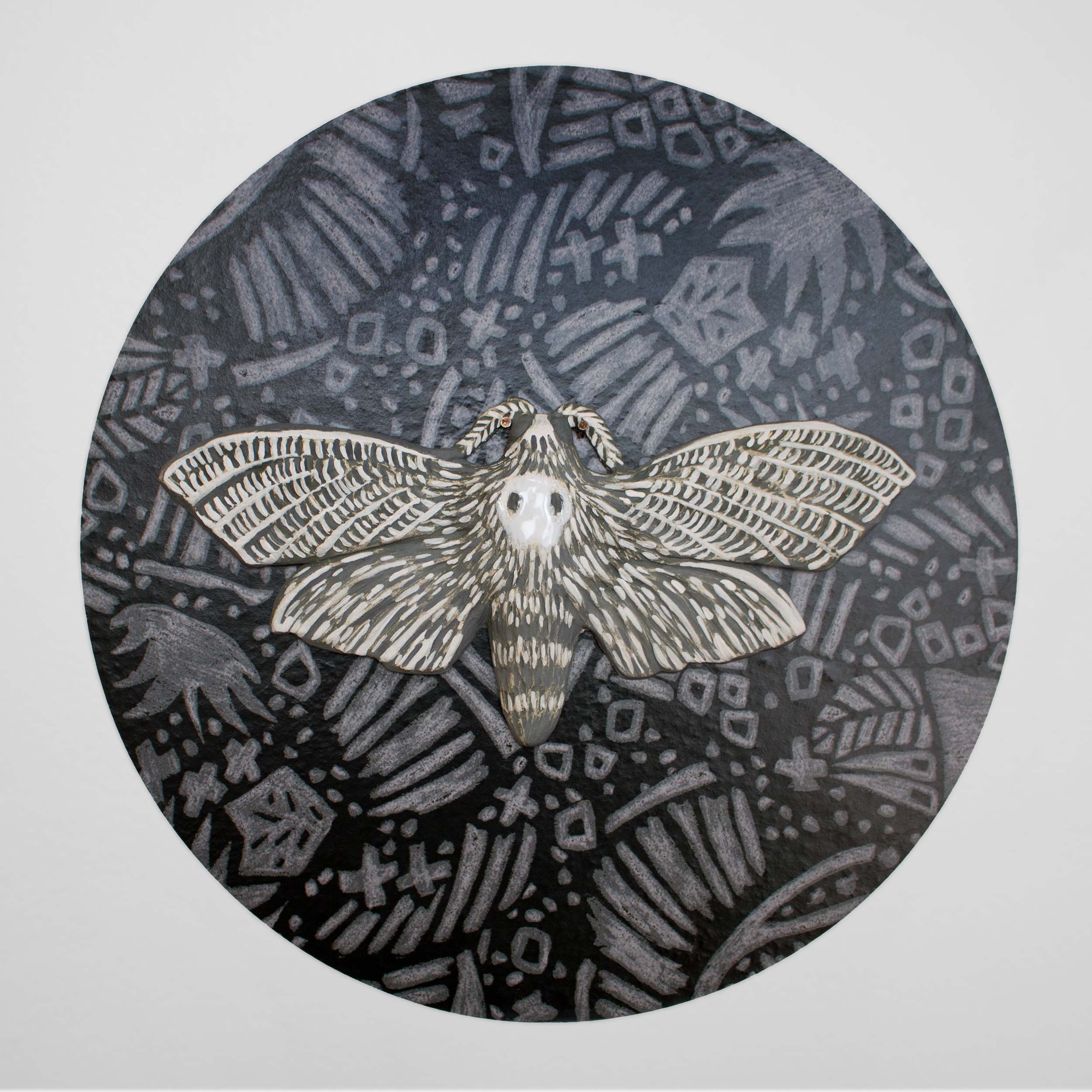   Moth 01,  ceramic moth mounted on wallpaper backdrop, 11.5”x11.5”x.5”, available 