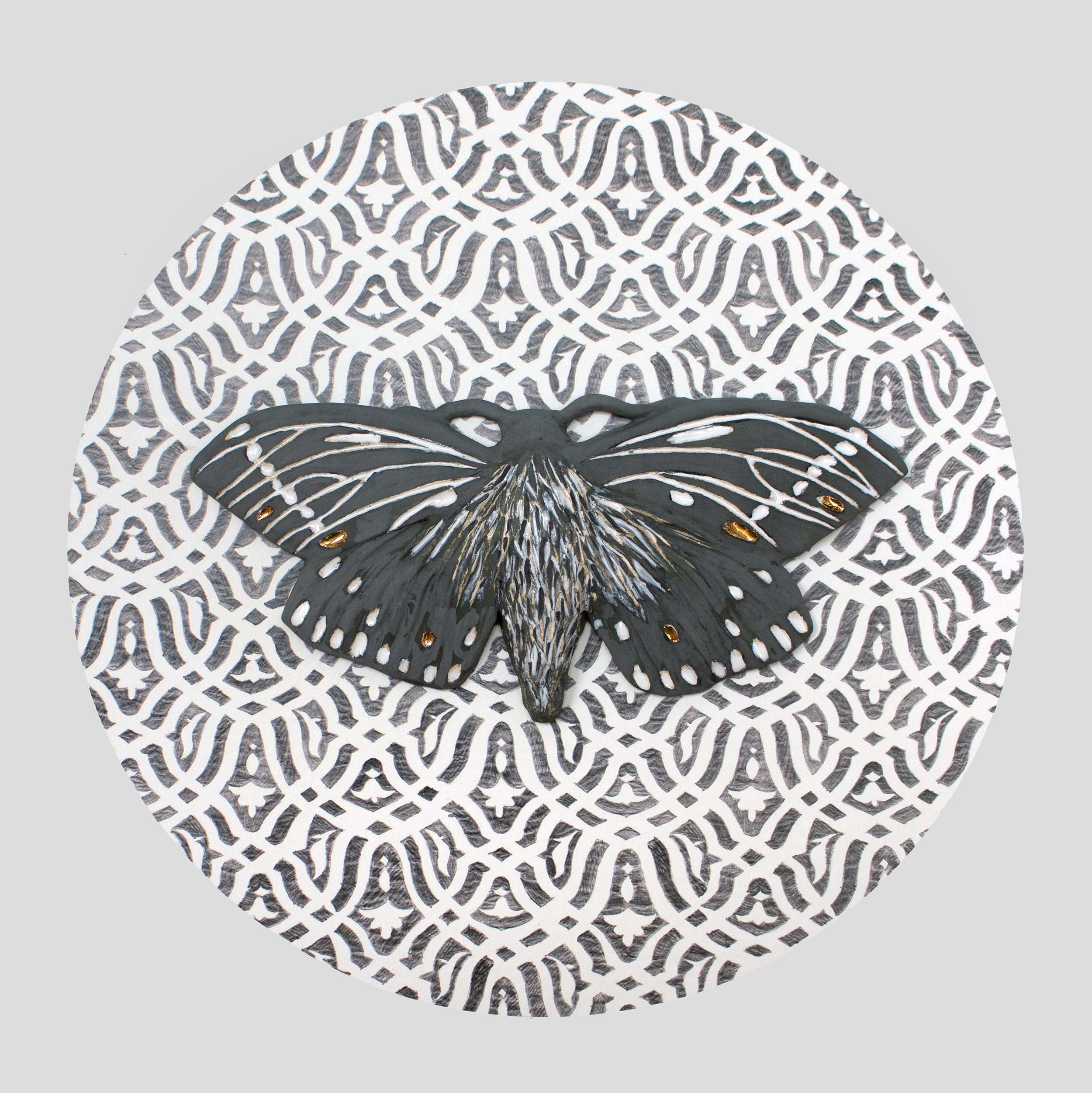   Moth 03,  ceramic moth mounted on wallpaper backdrop, 11.5”x11.5”x.5”, available 