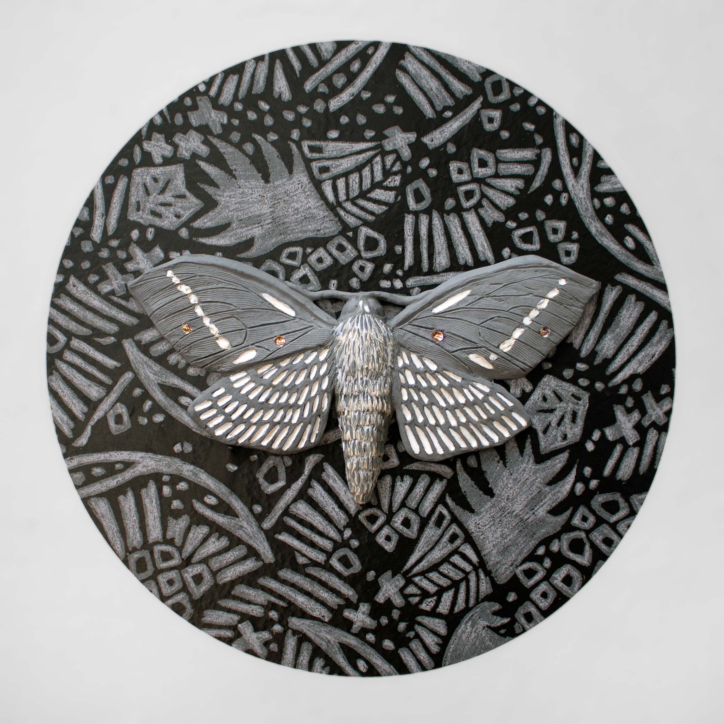   Moth 07,  ceramic moth mounted on wallpaper backdrop, 11.5”x11.5”x.5”, SOLD 