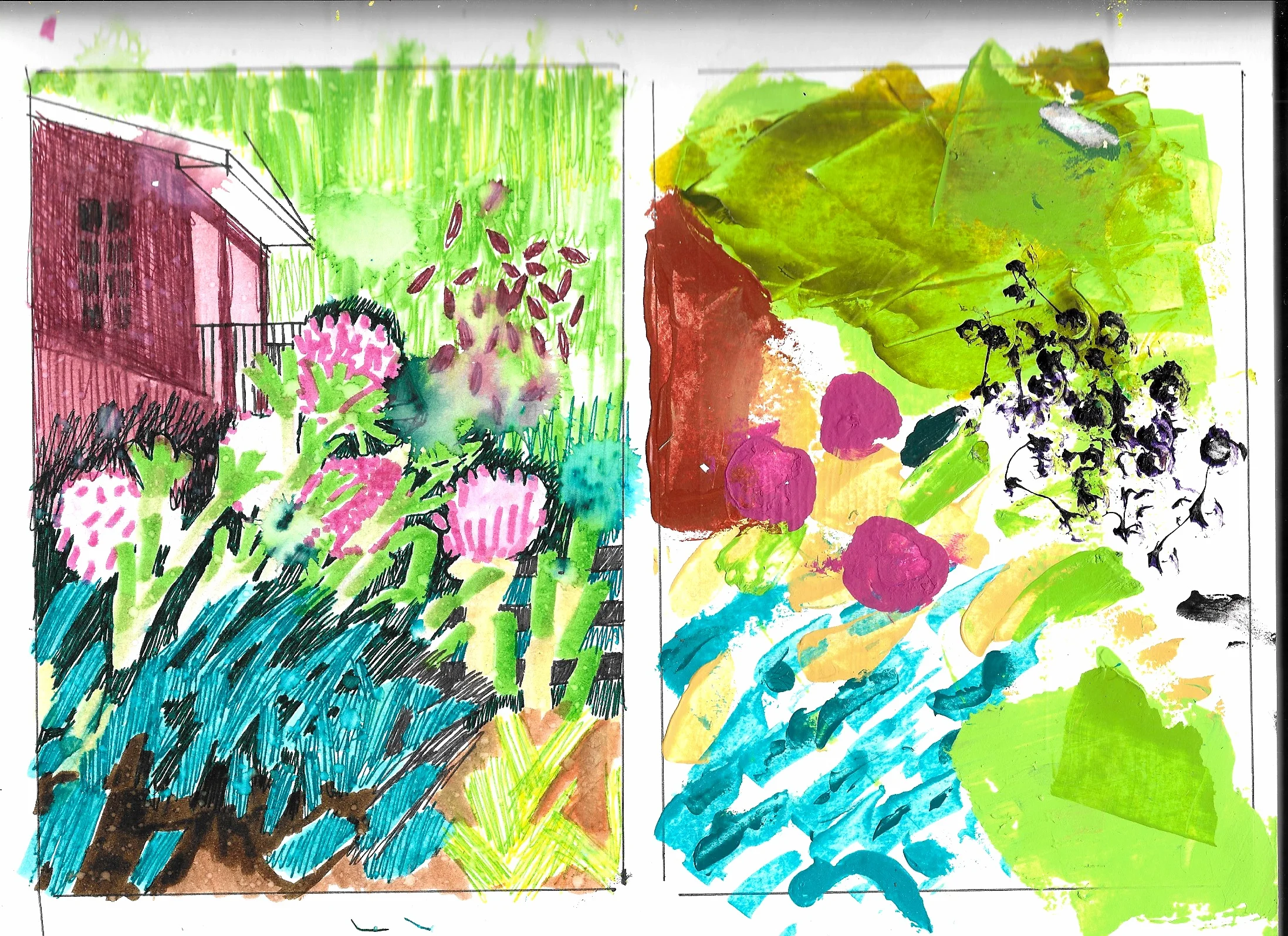 Thumbnail sketches for a painting of my parent’s backyard.
