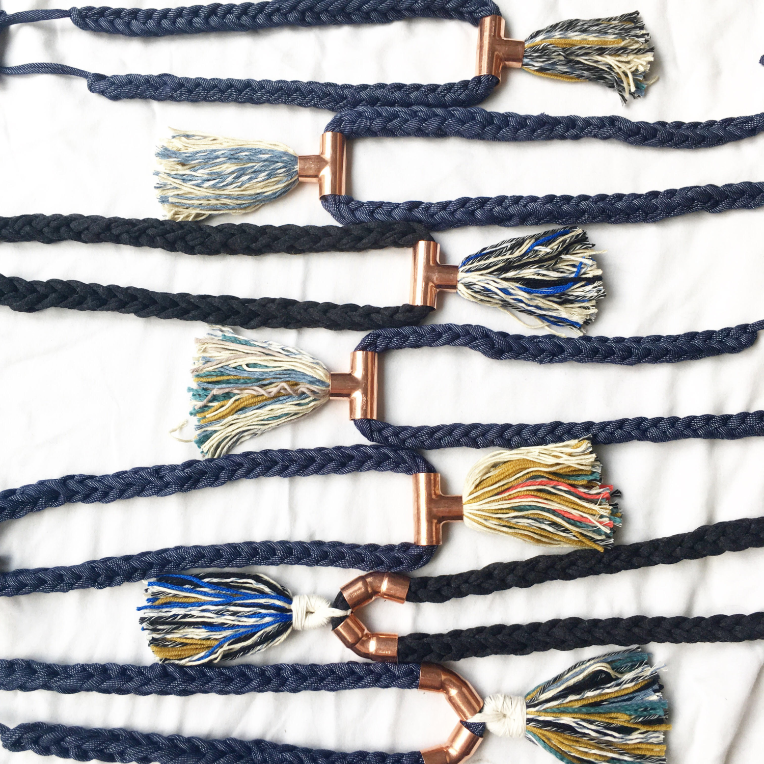 Tassel necklace with T shaped copper bar Handmade necklace with soft corded chain, copper and tassel. Tassel made with natural fibers from purlsoho, wool, tshirt yarn made from recycled fashion industry offcuts