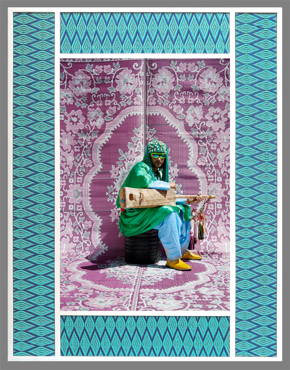  Hassan Hajjaj,  Maalem&nbsp;Simo Lagnawi , 2010, 19 x 28.5 in.Metallic lambda print on dibond with wood and plastic matImage, Courtesy of the artist and Aicon Gallery, New York 