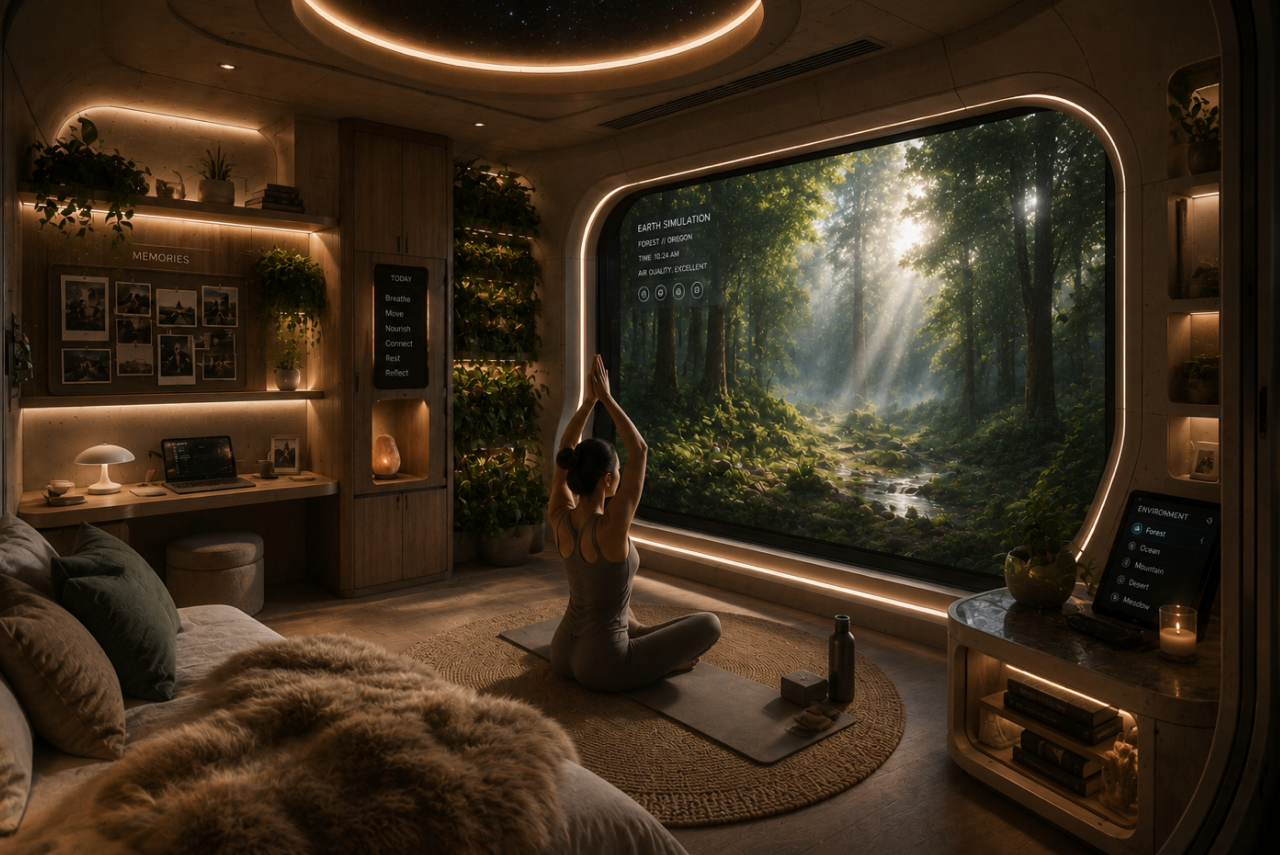 A woman is sitting on a yoga mat with her hands over her head in a prayer position. In front of her is a giant screen, depicting a forest with a stream and rays of sun filtering through the trees. Her softly lit room is inside a Mars Habitat,