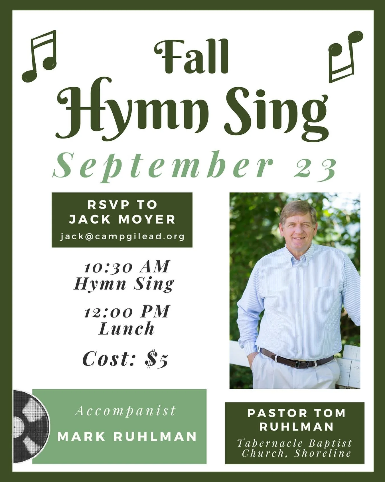 Please join us on September 23rd at 10:30 AM for our Fall Hymn Sing! 🍂🎼 Pastor Tom Ruhlman will lead it once again, accompanied by Mark Ruhlman, carrying on the legacy of Kimberly who loved this event. &hearts;️ RSVP to Jack Moyer at jack@campgilea