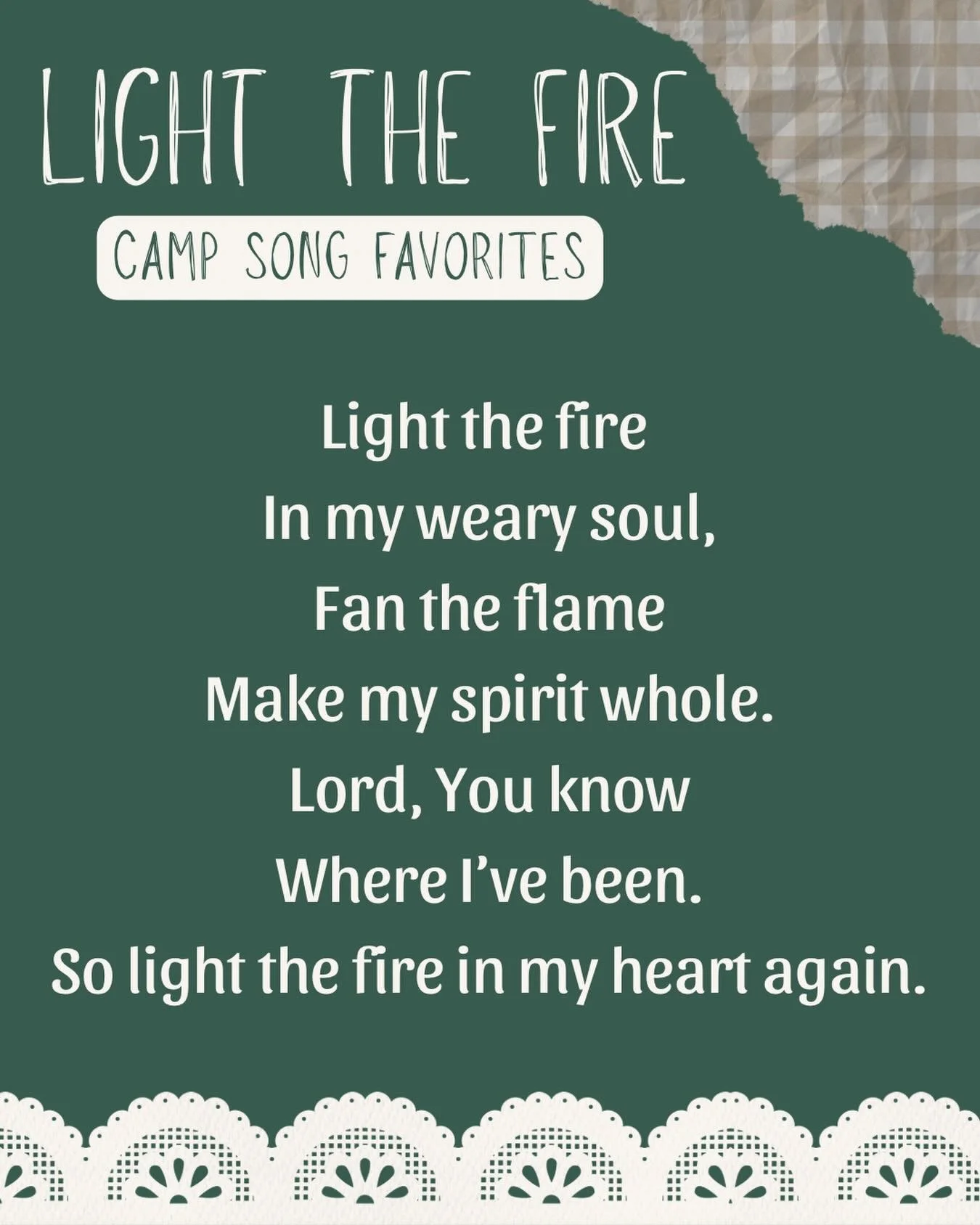 Another camp song favorite&hellip;Light the Fire! 🔥 This is a song commonly sung in chapel and at the Friday night campfires. Who else has memories come flooding back with these lyrics? 🙌🏼