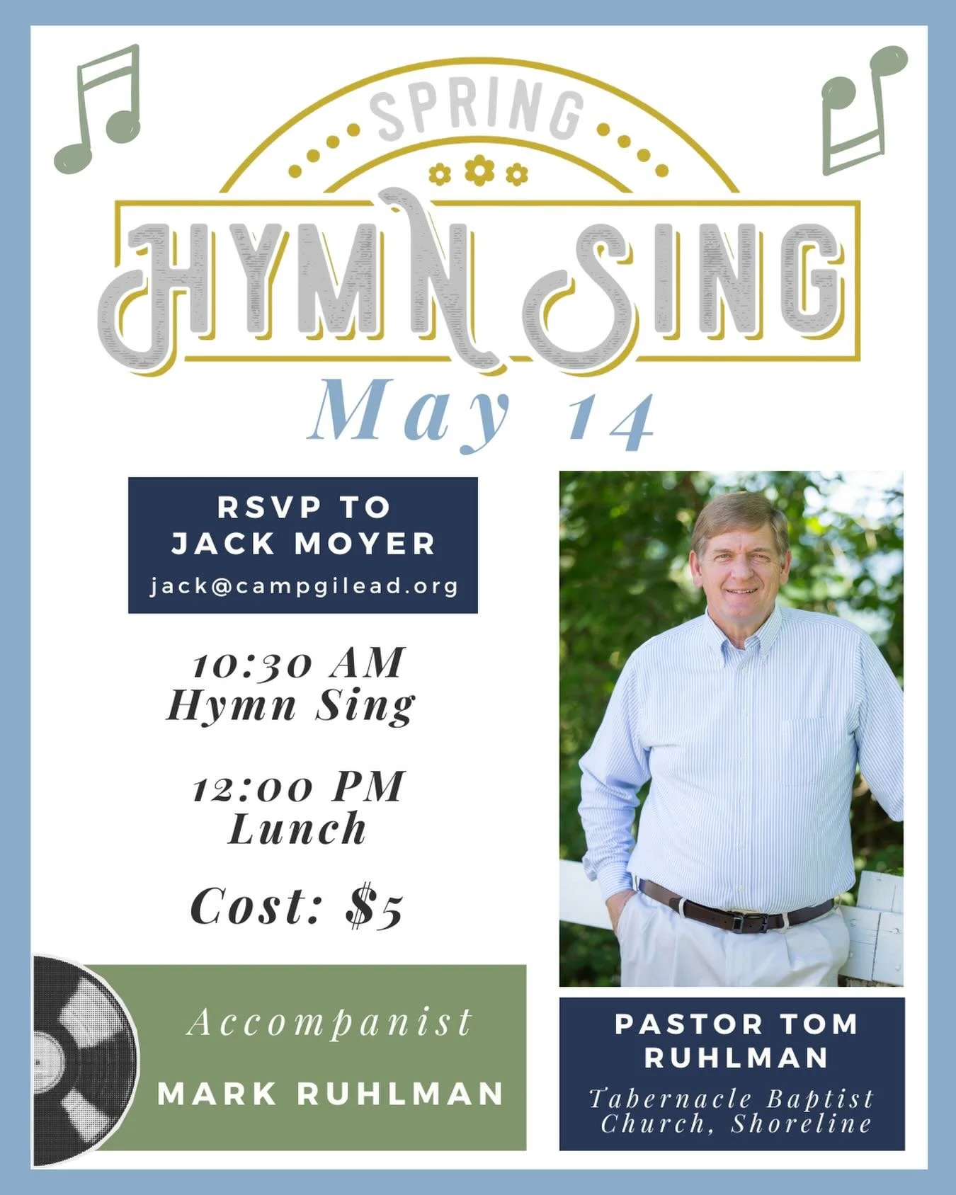 🎼 The Spring Hymn Sing is this Thursday, May 14 at 10:30 AM 🎶 Join us for a wonderful time of singing and reminiscing at the Spring Hymn Sing led by Pastor Tom Ruhlman and accompanied by Mark Ruhlman. 🎤 Lunch will be served at 12:00 PM, cost is $5
